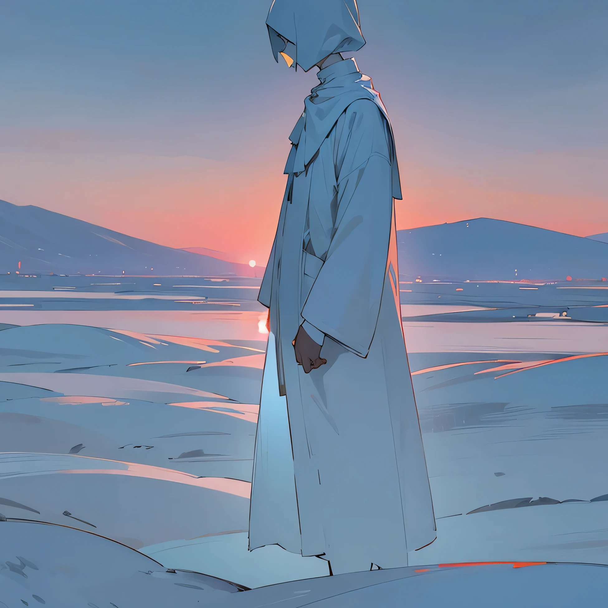 Create a faceless boy dressed in white, the landscape is dusk and he is surrounded by people who have no faces and are all gray.