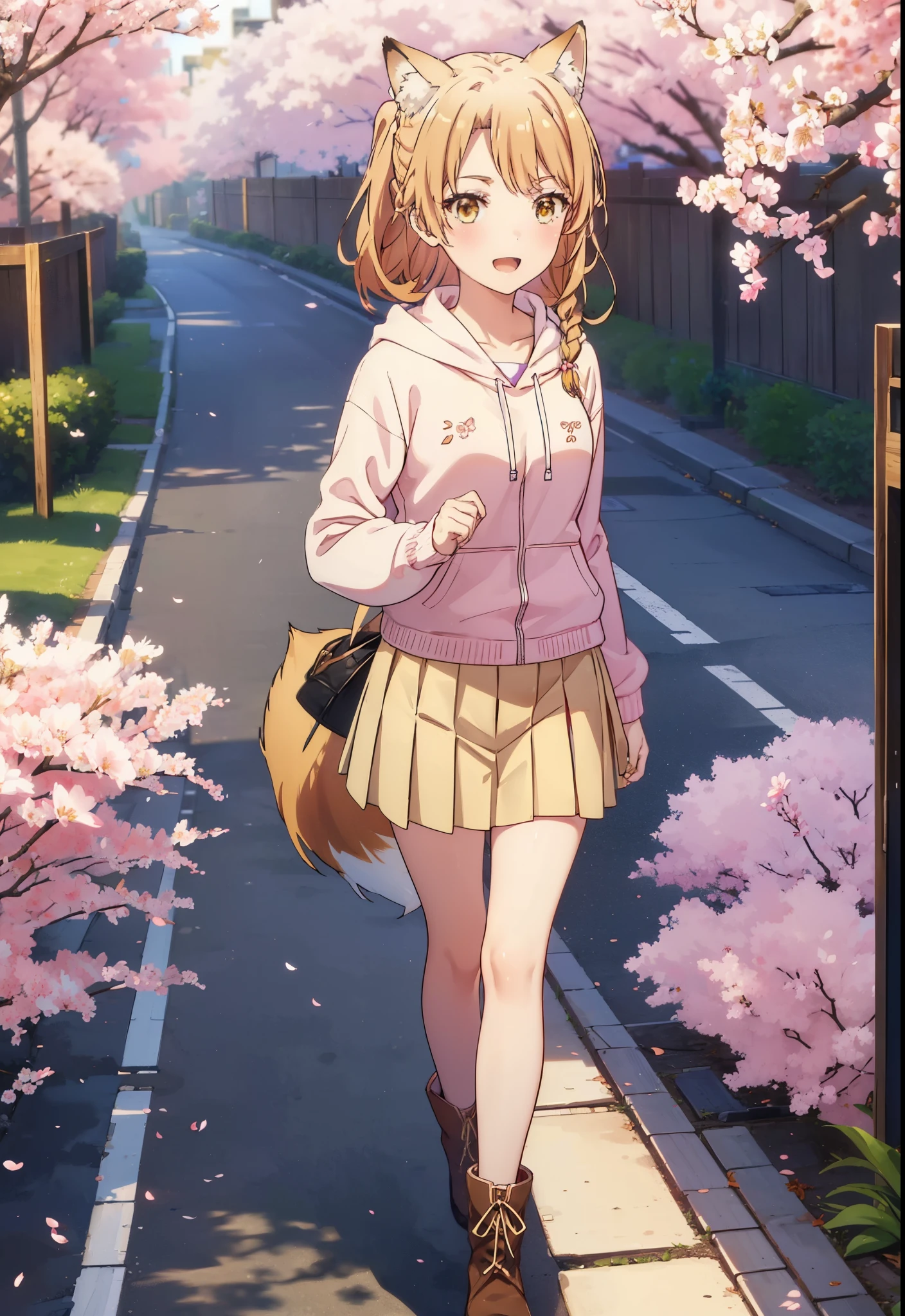 irohaisshiki, iroha isshiki, long hair, brown hair, (brown eyes:1.5), happy smile, smile, open your mouth,short braided hair,ponytail,animal ears　fox ears,animal tail　Fox tail oversized pink hoodie,Yellow pleated skirt,white tights,Mini Boots,walking,Cherry blossom tree-lined path,cherry blossoms are blooming,Cherry blossoms are scattered,昼
break outdoors, garden,
break looking at viewer, (cowboy shot:1. 5)
break (masterpiece:1.2), highest quality, High resolution, unity 8k wallpaper, (figure:0.8), (beautiful deしっぽed eyes:1.6), extremely deしっぽed face, perfect lighting, extremely deしっぽed CG, (perfect hands, perfect anatomy),