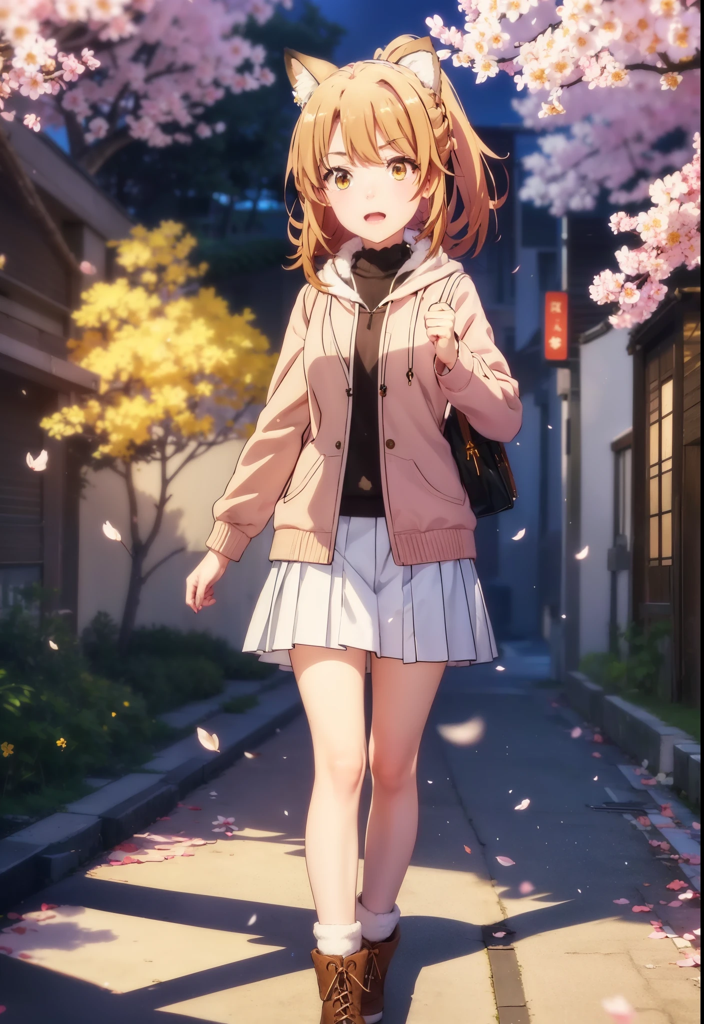 irohaisshiki, iroha isshiki, long hair, brown hair, (brown eyes:1.5), happy smile, smile, open your mouth,short braided hair,ponytail,animal ears　fox ears,animal tail　Fox tail oversized pink hoodie,Yellow pleated skirt,white tights,Mini Boots,walking,Cherry blossom tree-lined path,cherry blossoms are blooming,Cherry blossoms are scattered,昼
break outdoors, garden,
break looking at viewer, (cowboy shot:1. 5)
break (masterpiece:1.2), highest quality, High resolution, unity 8k wallpaper, (figure:0.8), (beautiful deしっぽed eyes:1.6), extremely deしっぽed face, perfect lighting, extremely deしっぽed CG, (perfect hands, perfect anatomy),