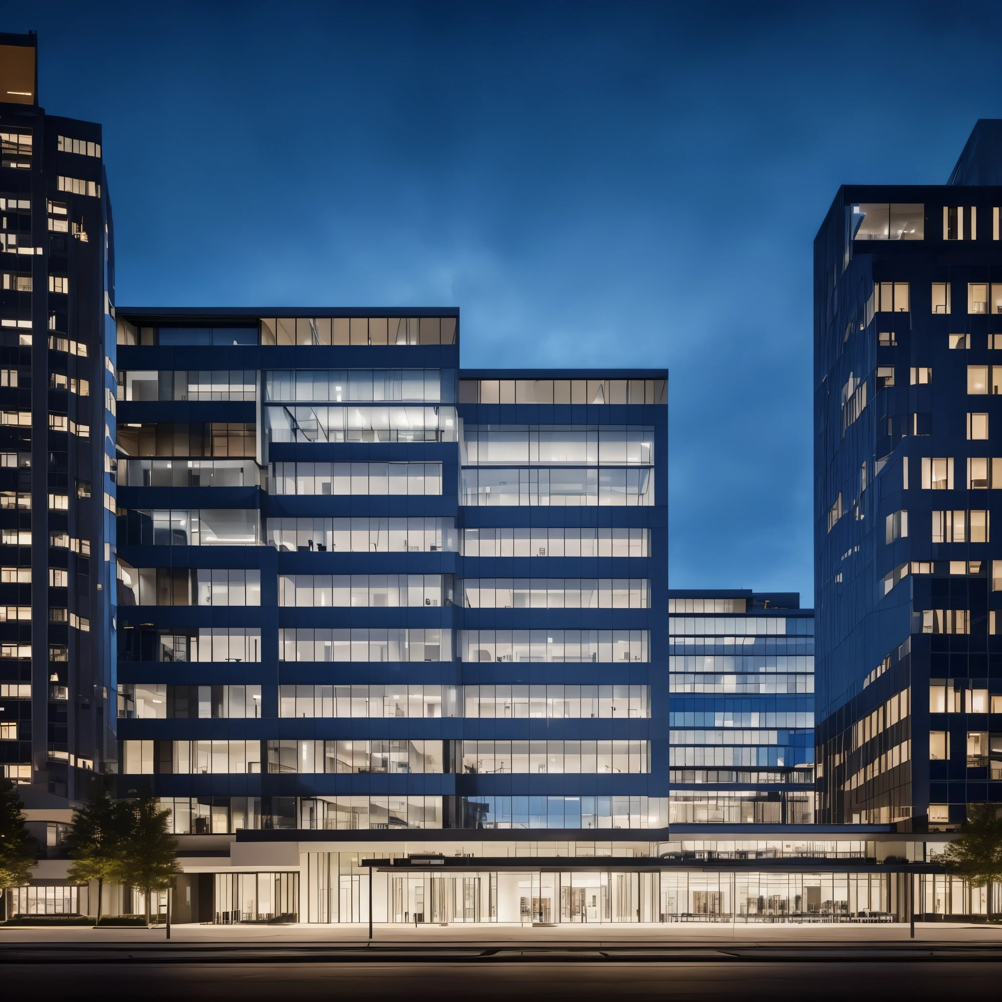 A night scene of an office building exterior illuminated by facade lighting, casting beams of light from bottom to top. The building is sleek and modern, with glass windows reflecting the surrounding city lights. The facade lighting highlights architectural features and extends upwards, enveloping the entire building. In the background, a dark sky dotted with stars provides a tranquil contrast to the vibrant lights of the urban landscape.