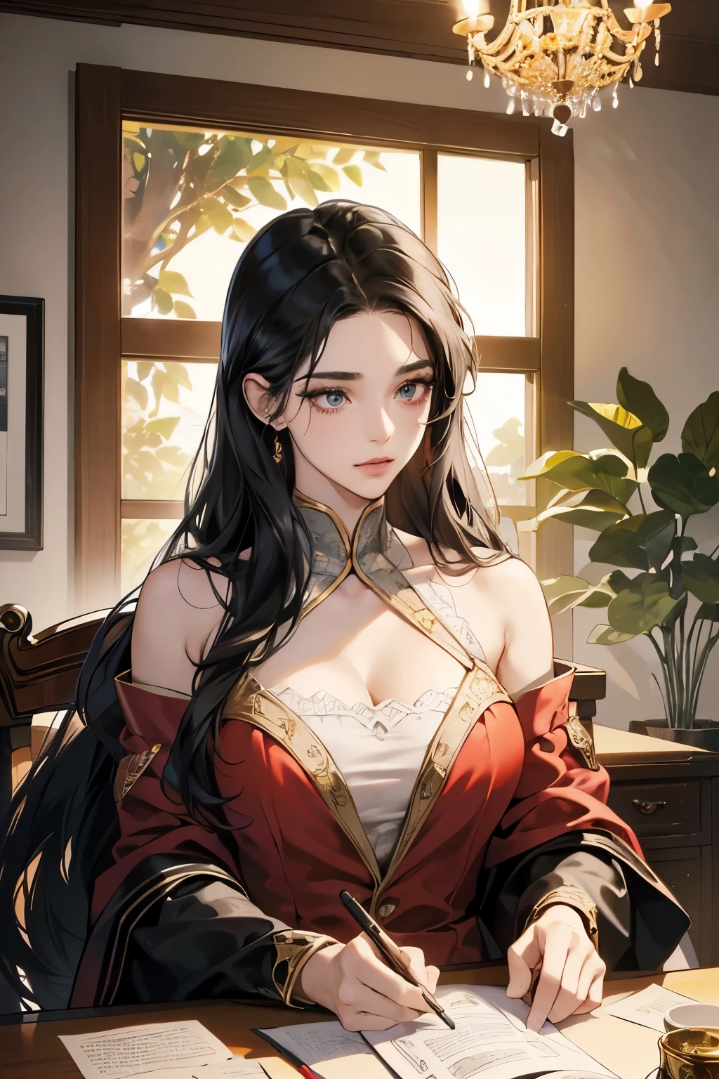 (table top, digital art, digital illustration, 4k, 8k, very detailed, beautiful picture, Sharp picture, realistic, raw photos, perfect face, perfect lines, perfect eyes, soft light) 1 woman, (long black hair,have straight hair,Bullish stare,Beauty,woman in suit,Hard makeup,23 is a novel,big tits:1.3),secretary, スーツ姿のハンサムなhuman性2人, (human,human性はスーツ姿,have good muscles,broad, stable shoulders, humanのこ,children's hairstyles,English gentleman style,クールな表情の30代human性,明るい笑顔の28歳human性:1.2),office scene at night,antique furniture,antique clamp,antique chair,Chandeliers,party、lover、couple kissing、kiss、the kiss、antique furniture, Medieval England, kiss, voluptuous