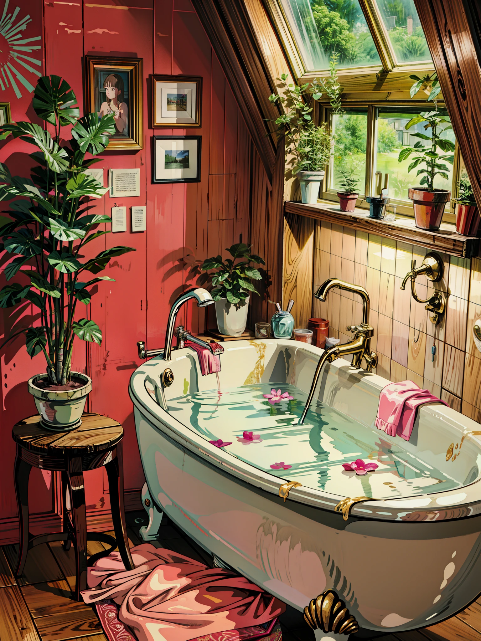 a bathroom with a bathtub and a potted plant, bathtub, cute room, pink water in a large bath, sweet night ambient, interior of a bathroom, relaxing calm vibes, inspired by Edward Okuń, painting of a room, sad lonely mellow vibes, lofi aesthetic, cozy room, cozy wallpaper, cozy place, lofi album art, cozy atmospheric, 4k hd,, beautiful art uhd 4 k, a beautiful artwork illustration, beautiful digital painting, highly detailed digital painting, beautiful digital artwork, detailed painting 4 k, very detailed digital painting, rich picturesque colors, gorgeous digital painting, no human