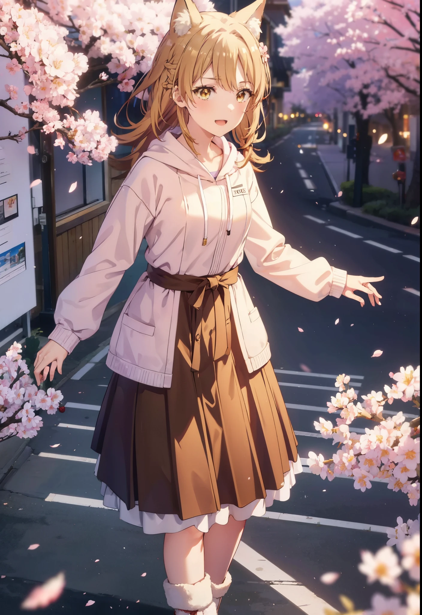 irohaisshiki, iroha isshiki, long hair, brown hair, (brown eyes:1.5), happy smile, smile, open your mouth,short braided hair,ponytail,animal ears　fox ears,animal tail　Fox tail oversized pink hoodie,Yellow pleated skirt,white pantyhose,Mini Boots,walking,Cherry blossom tree-lined path,cherry blossoms are blooming,Cherry blossoms are scattered,昼
break outdoors, garden,
break looking at viewer, (cowboy shot:1. 5)
break (masterpiece:1.2), highest quality, High resolution, unity 8k wallpaper, (figure:0.8), (beautiful deしっぽed eyes:1.6), extremely deしっぽed face, perfect lighting, extremely deしっぽed CG, (perfect hands, perfect anatomy),