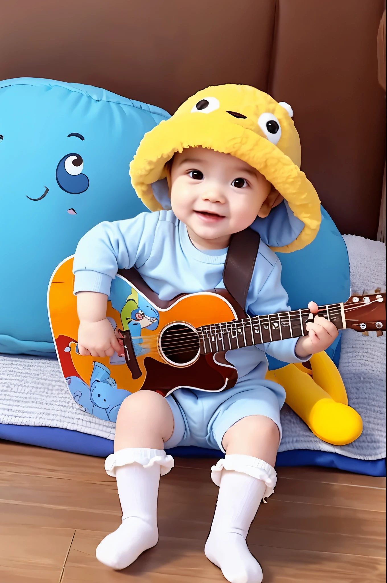 1 diapered baby hol a guitar in his hand,baby cartoon, cute cartoon, cute cartoon character, in cartoon style, from toy story, cute artwork, Luan cute Vtuber, anime movie, very cute and childish