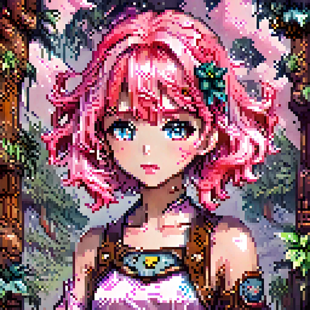 pixel art, retro game character concept art, smiling girl, pink hair, symmetrical eyes, rule of three, detailed body, full body, detailed face, ultradetailed digital illustration, 8 k, epic atmosphere, digital art by simon cowell and rachel walpole