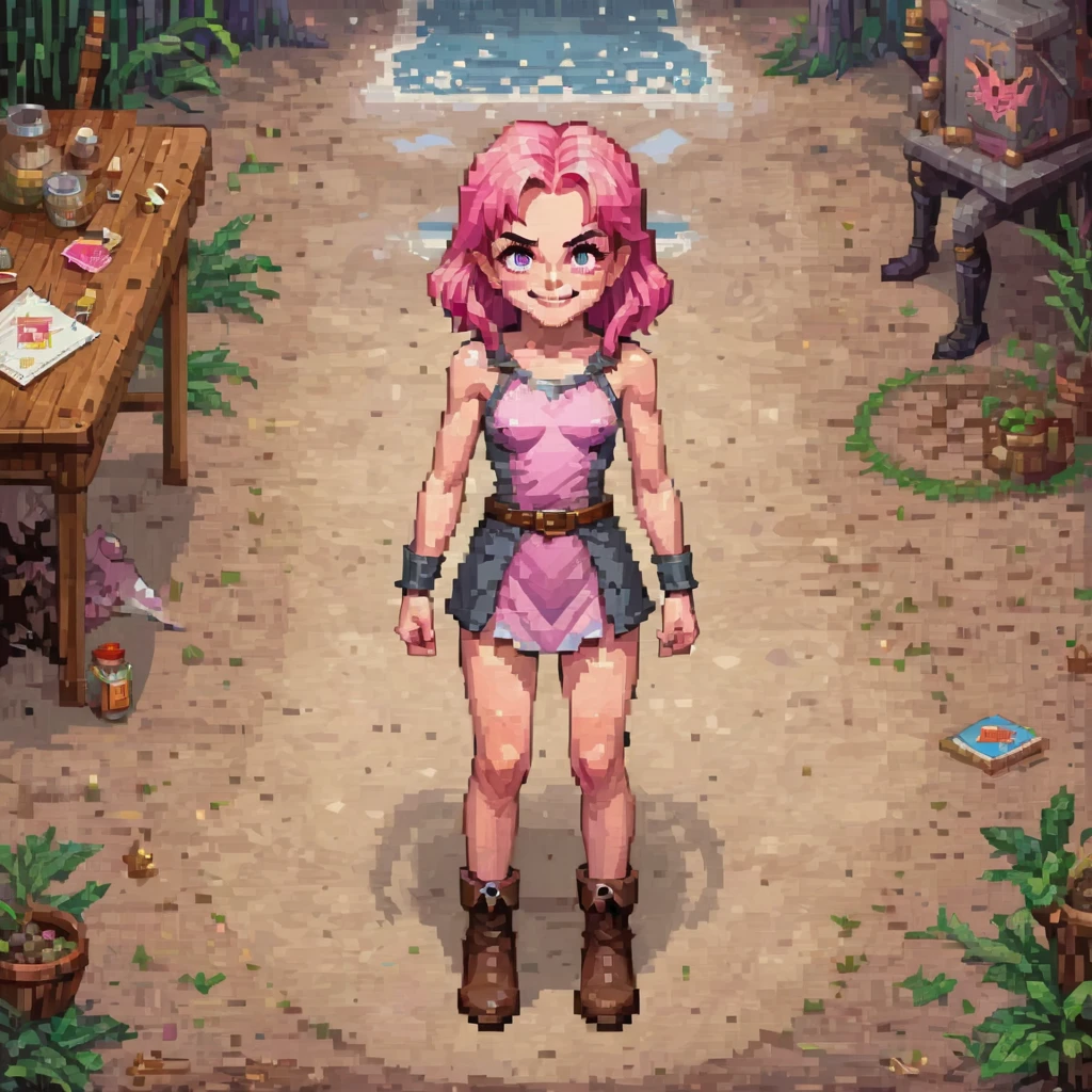 Top Down, RPG, D&D, UOStyle, Ultima Online, pixel art, oil painting, NES, retro game character concept art, smiling girl, pink hair, symmetrical eyes, rule of three, detailed body, full body, detailed face, ultradetailed digital illustration, 8 k, epic atmosphere, digital art by simon cowell and rachel walpole