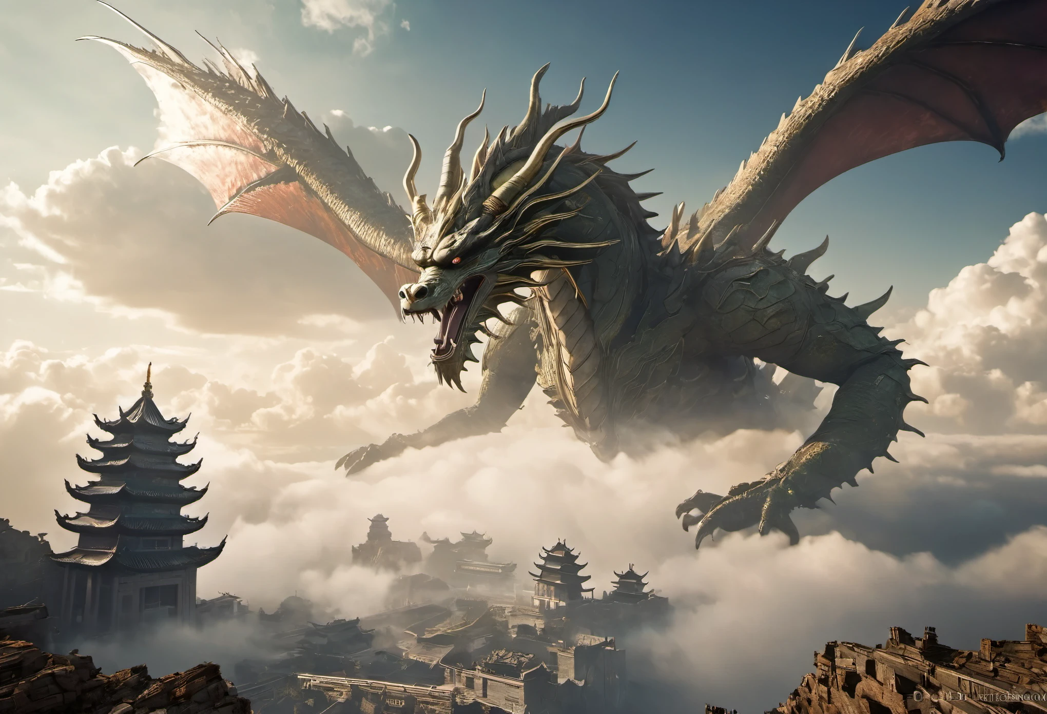 The Very Gigantic Three Heads Chinese Dragon is Flying above the cloud over the City of Ancient China, (best quality, patriarch),(Very subtle colors), , It is set in a post-apocalyptic wasteland with the ruins of a once great civilization. , perfect composition, The best exhibition, (golden ratio:1.2), HDR, Amazing, movie light, Trending on Artstation, Trending on CGSociety, professional photos, Great detail, No Wings, Only one tail, Long body,