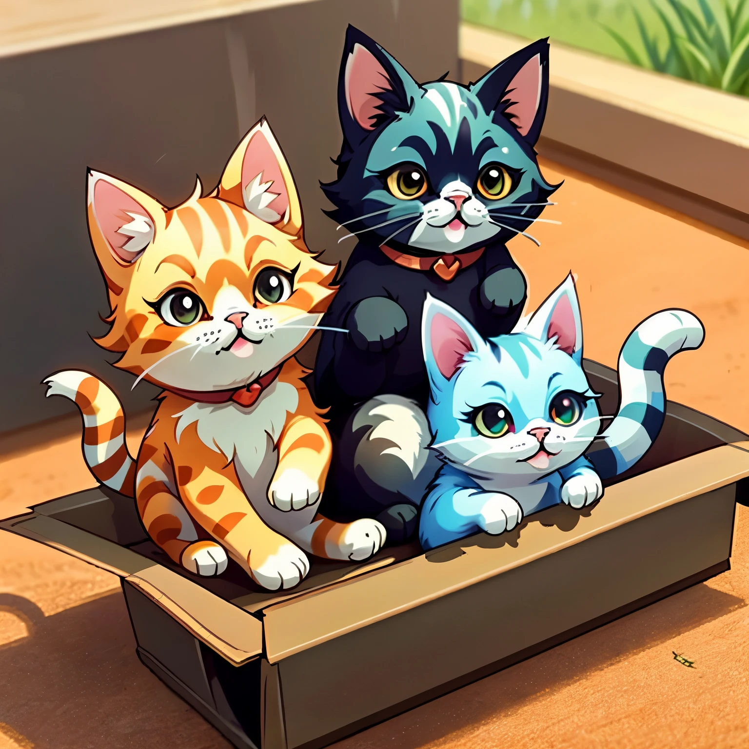 Adorable kittens playing with yarn, Fluffy cats lounging in the sun, A group of mischievous cats causing chaos, Majestic black cat perched on a fence, Two curious cats investigating a new toy, Feline friends napping together, Playful kittens chasing their tails, A cat stretching lazily on a windowsill, Cute orange tabby cat with green eyes, A cat hiding in a cardboard box
