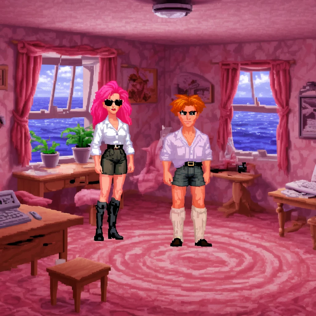 lcas artstyle, lucasarts style, retro game character concept art, smiling girl, pink hair, symmetrical eyes, rule of three, detailed body, full body, detailed face, ultradetailed digital illustration, 8 k, epic atmosphere, digital art by simon cowell and rachel walpole