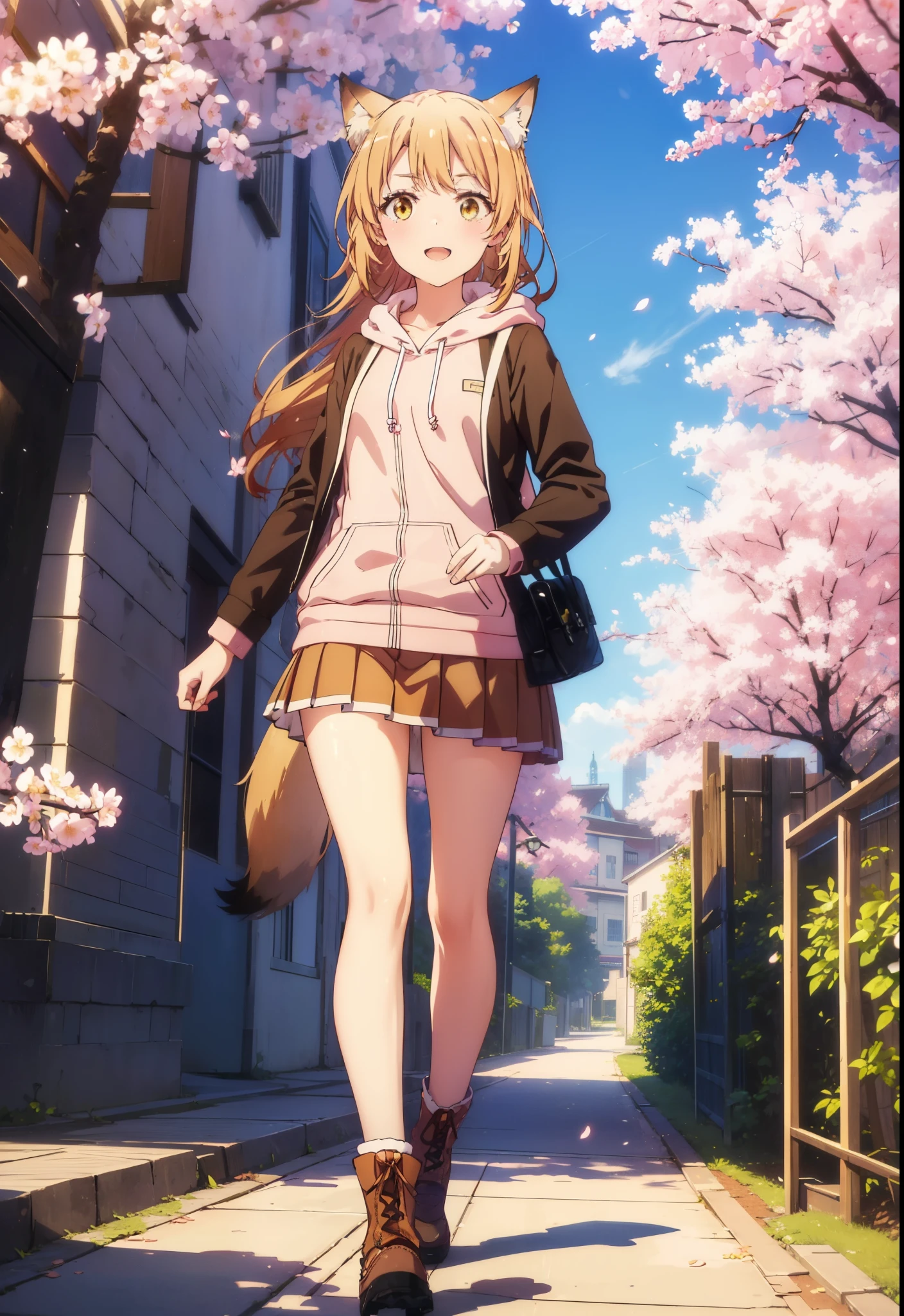 irohaisshiki, iroha isshiki, long hair, brown hair, (brown eyes:1.5), happy smile, smile, open your mouth,short braided hair,ponytail,animal ears　fox ears,animal tail　Fox tail oversized pink hoodie,Yellow pleated skirt,white pantyhose,Mini Boots,walking,Cherry blossom tree-lined path,cherry blossoms are blooming,Cherry blossoms are scattered,昼
break outdoors, garden,
break looking at viewer, (cowboy shot:1. 5)
break (masterpiece:1.2), highest quality, High resolution, unity 8k wallpaper, (figure:0.8), (beautiful deしっぽed eyes:1.6), extremely deしっぽed face, perfect lighting, extremely deしっぽed CG, (perfect hands, perfect anatomy),