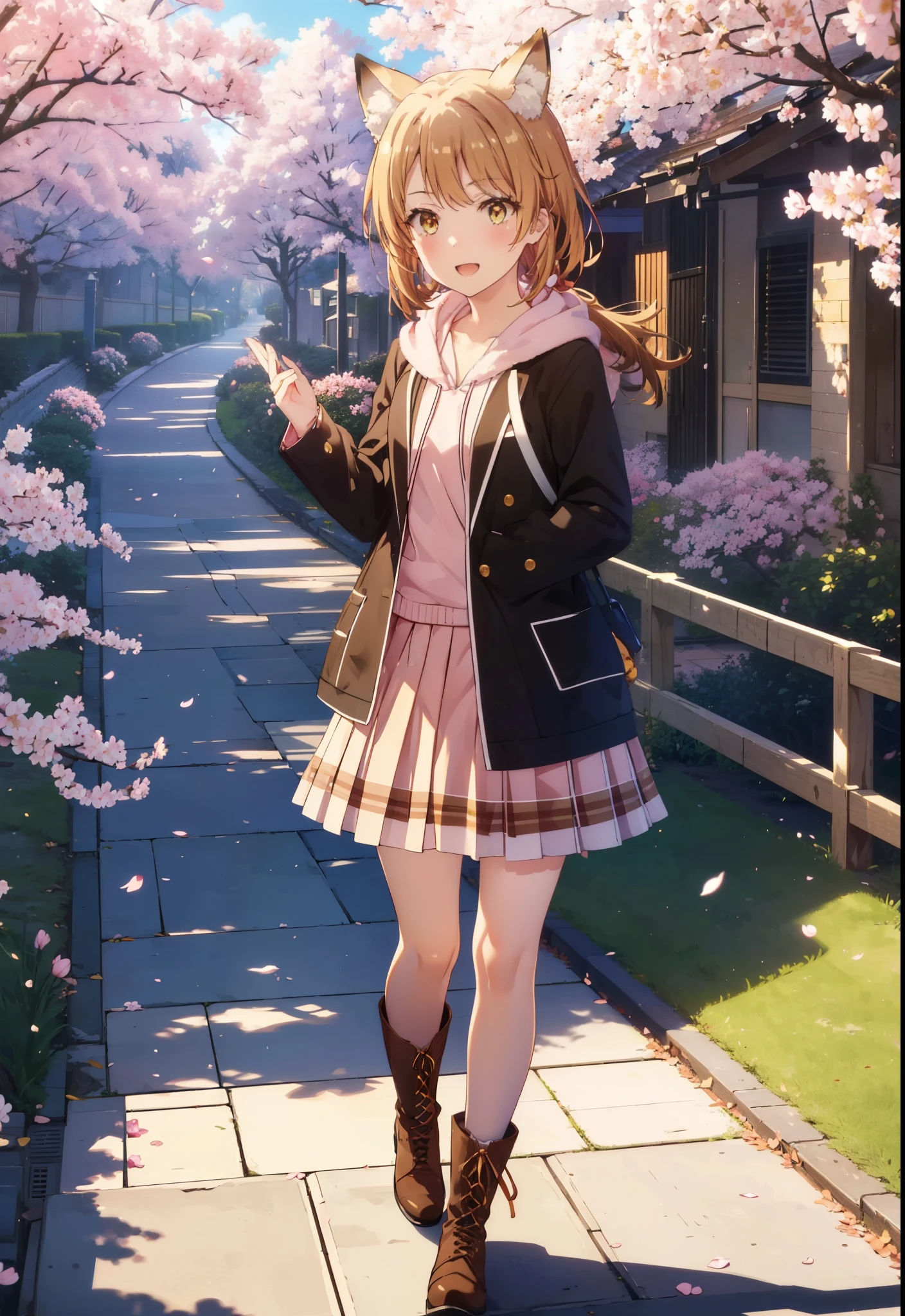 irohaisshiki, iroha isshiki, long hair, brown hair, (brown eyes:1.5), happy smile, smile, open your mouth,short braided hair,ponytail,animal ears　fox ears,animal tail　Fox tail oversized pink hoodie,Yellow pleated skirt,white pantyhose,Mini Boots,walking,Cherry blossom tree-lined path,cherry blossoms are blooming,Cherry blossoms are scattered,昼
break outdoors, garden,
break looking at viewer, (cowboy shot:1. 5)
break (masterpiece:1.2), highest quality, High resolution, unity 8k wallpaper, (figure:0.8), (beautiful deしっぽed eyes:1.6), extremely deしっぽed face, perfect lighting, extremely deしっぽed CG, (perfect hands, perfect anatomy),