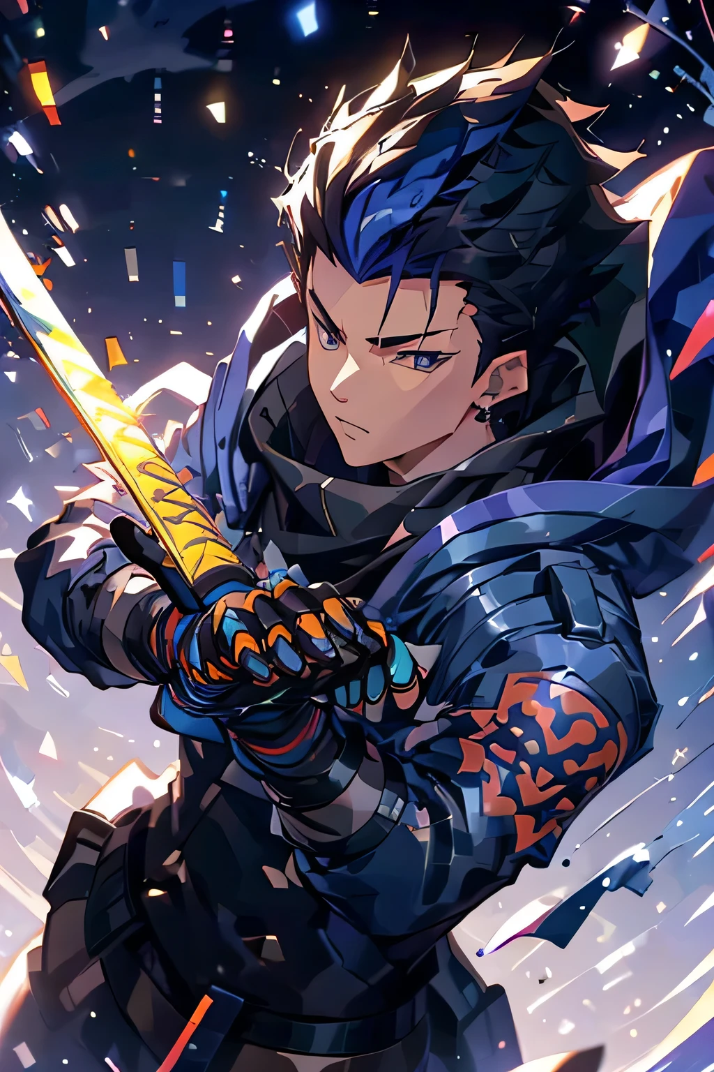 Yoru Valorant, black hair, blue hair, spiked hair, katana sword, night sky, full moon, spiked hair, short hair, two-tone hair, ear piercing, blue eyes, Soul Card, jacket, shoulder spikes, realistic, Full HD, best quality