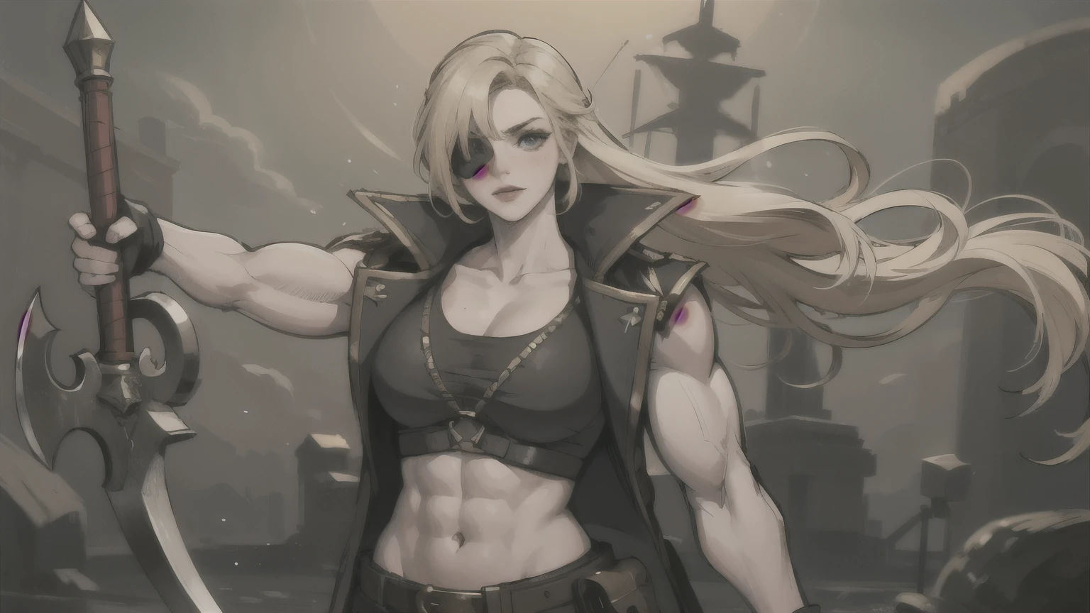 Girl who is a tank with a two-handed axe, who has a fairly strong muscular body, blonde hair, light eyes, pirate-type freckles.