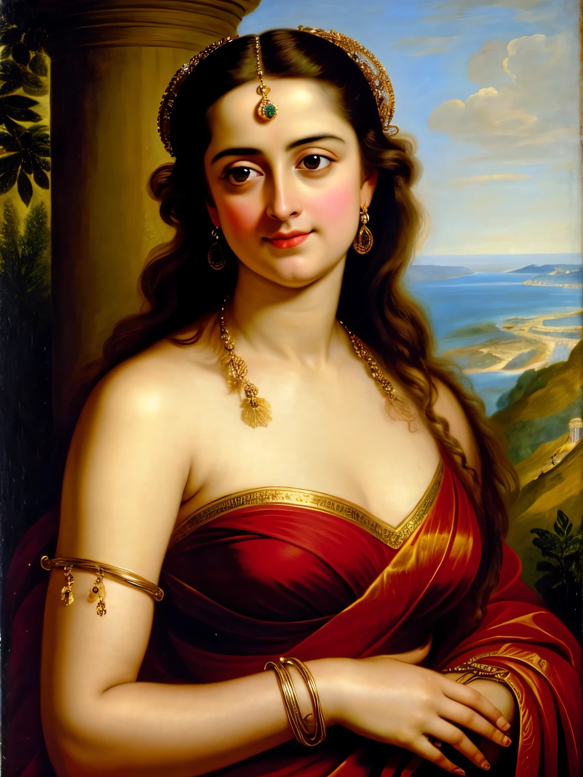 Looks like Anushka Shetty, Masterpiece, Best quality, high clarity eyes, critically flawless,sharp picture, Full portrait, High pixels, perfect face, perfect eyes, beautiful face, perfect hands,perfect fingers, in Peter Paul Rubens style, by Peter Paul Rubens, baroque style, acrylic on canvas, highly detailed, description: "Create a nymph inspired by the tales of Greek or Roman mythology, embodying the essence of a natural element or location, and possessing a unique ability or trait that sets her apart.", strapless Bra of ancient times, strapless bralette, armpits showing,