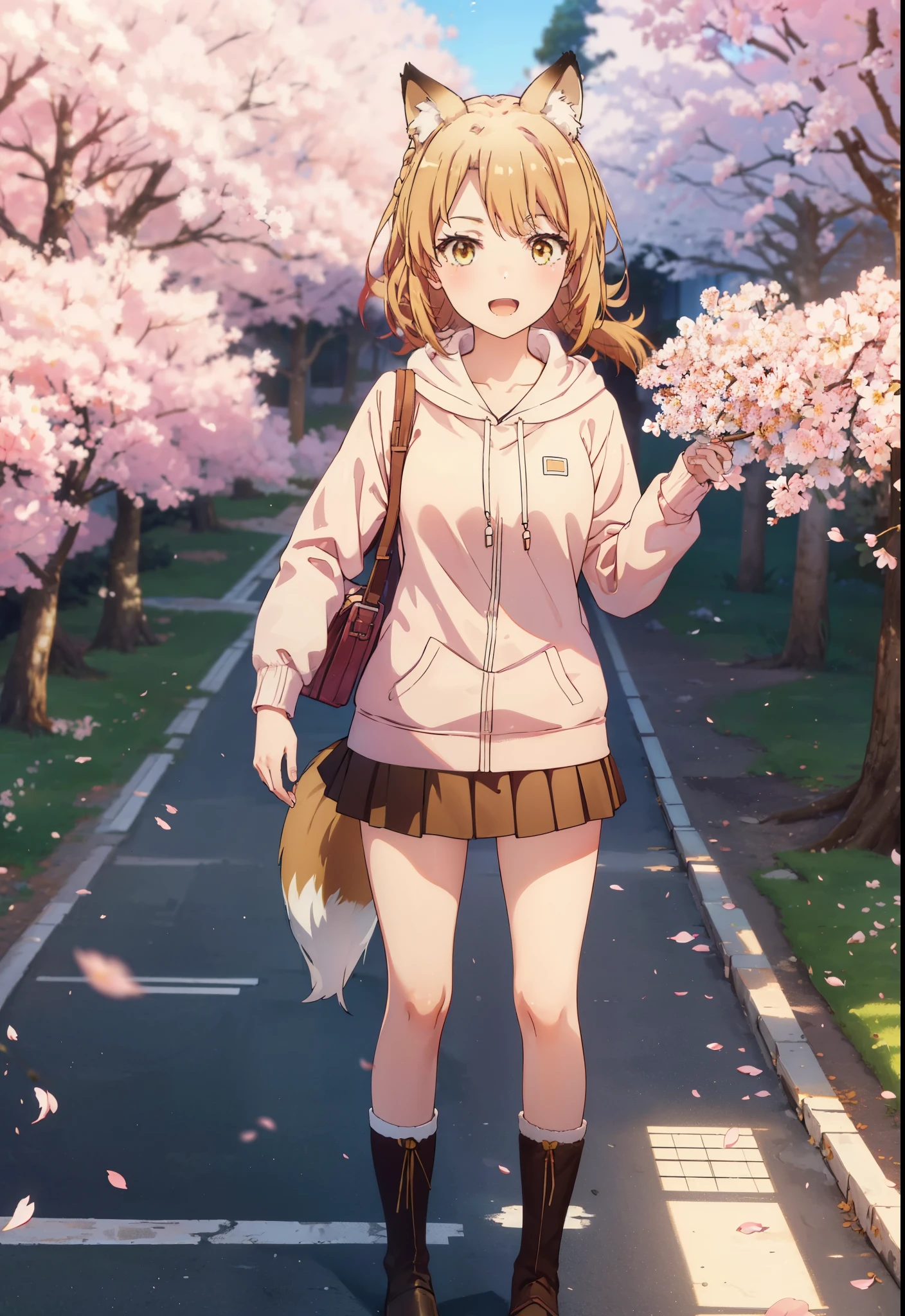 irohaisshiki, iroha isshiki, long hair, brown hair, (brown eyes:1.5), happy smile, smile, open your mouth,short braided hair,ponytail,animal ears　fox ears,animal tail　Fox tail oversized pink hoodie,Yellow pleated skirt,white pantyhose,Mini Boots,walking,Cherry blossom tree-lined path,cherry blossoms are blooming,Cherry blossoms are scattered,昼
break outdoors, garden,
break looking at viewer, (cowboy shot:1. 5)
break (masterpiece:1.2), highest quality, High resolution, unity 8k wallpaper, (figure:0.8), (beautiful deしっぽed eyes:1.6), extremely deしっぽed face, perfect lighting, extremely deしっぽed CG, (perfect hands, perfect anatomy),