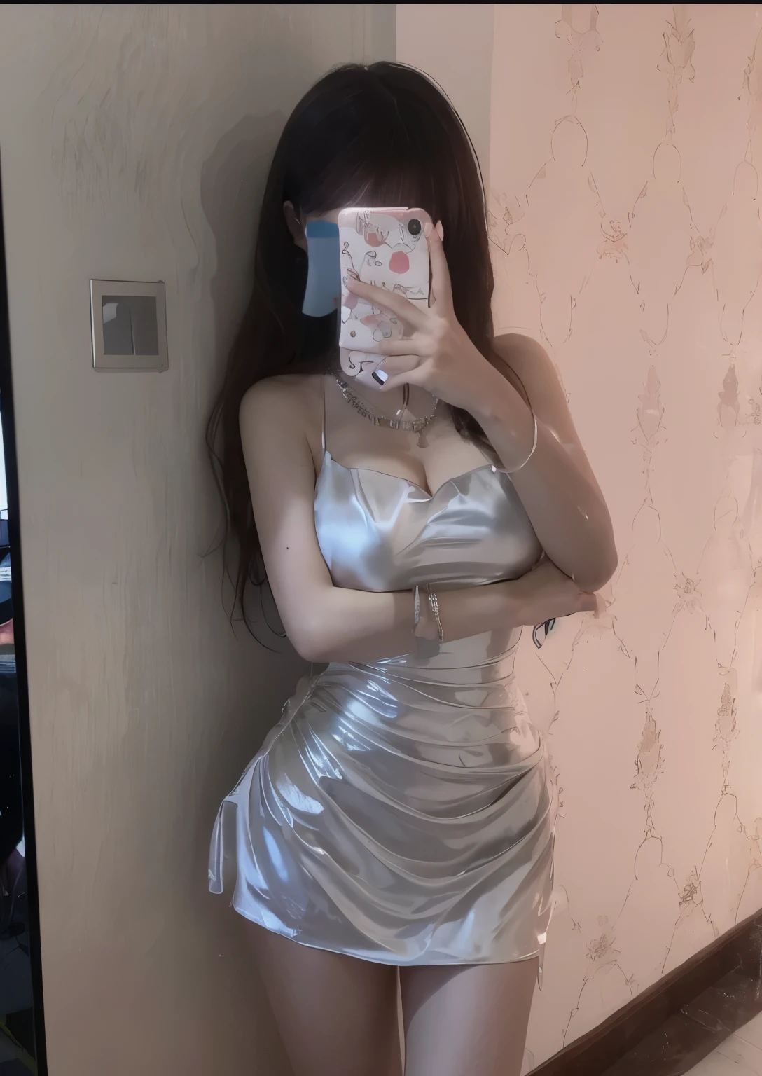 A woman takes a picture of herself in the mirror, sexy dress, shiny silver, translucent silk dress, White silk suit, wearing silver clothes, translucent dress, luxury dress, Photos of slim girls, 8K)), Gorgeous silver dress, open clothes, beautiful silk dress, Soft silk dress, 2263539546]