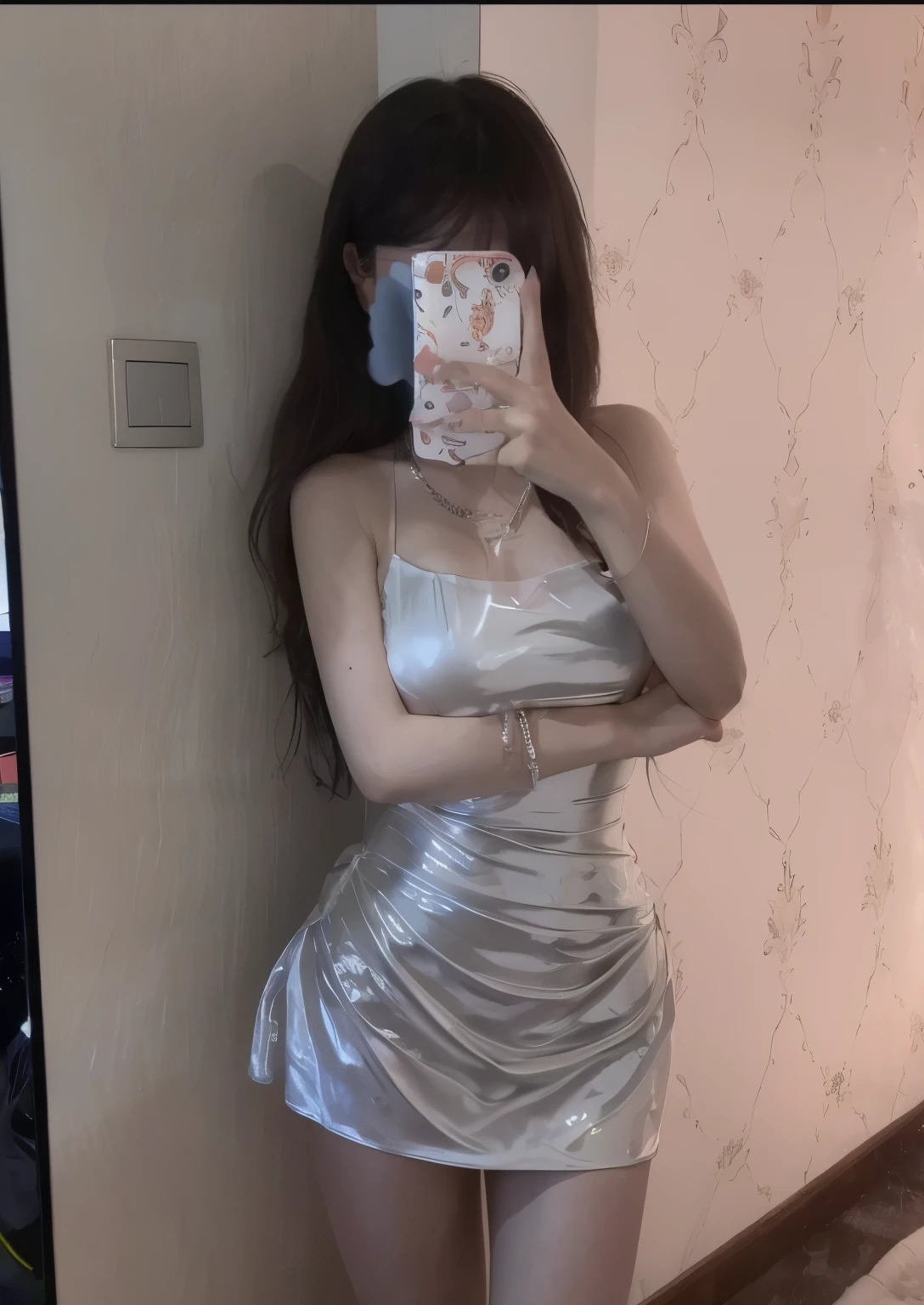 A woman takes a picture of herself in the mirror, sexy dress, shiny silver, translucent silk dress, White silk suit, wearing silver clothes, translucent dress, luxury dress, Photos of slim girls, 8K)), Gorgeous silver dress, open clothes, beautiful silk dress, Soft silk dress, 2263539546]