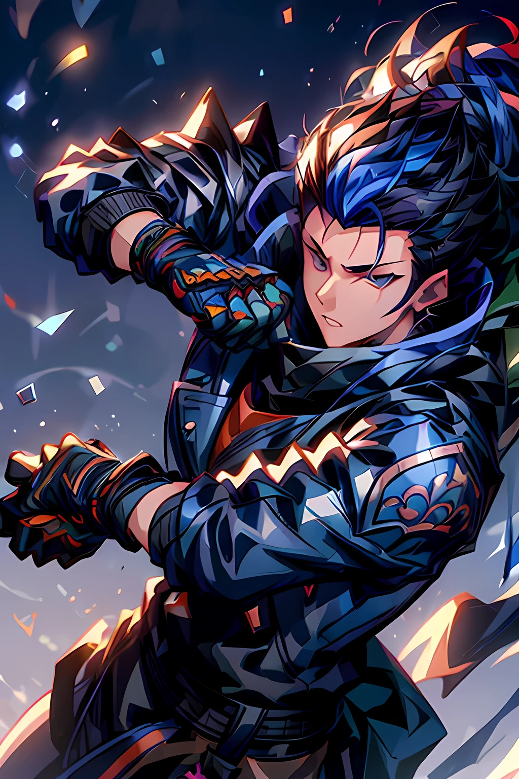 Yoru Valorant, black hair, blue hair, spiked hair, katana sword, night sky, full moon, spiked hair, short hair, two-tone hair, ear piercing, blue eyes, Soul Card, jacket, shoulder spikes, realistic, Full HD, best quality