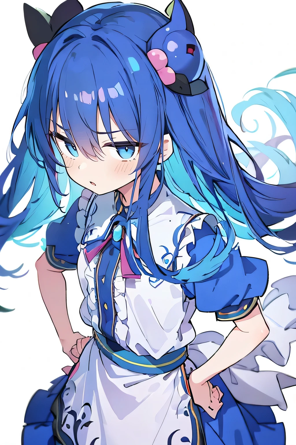(masterpiece),best quality, expressive eyes, perfect face, 1girl,
hands on waist,beautiful, gorgeous,anime,girl,lora,hinanawi tenshi, blue hair, blue haired, floating clothes,waist grab, grabbing waist, mains sur les hanches , hands on hips,flat chest