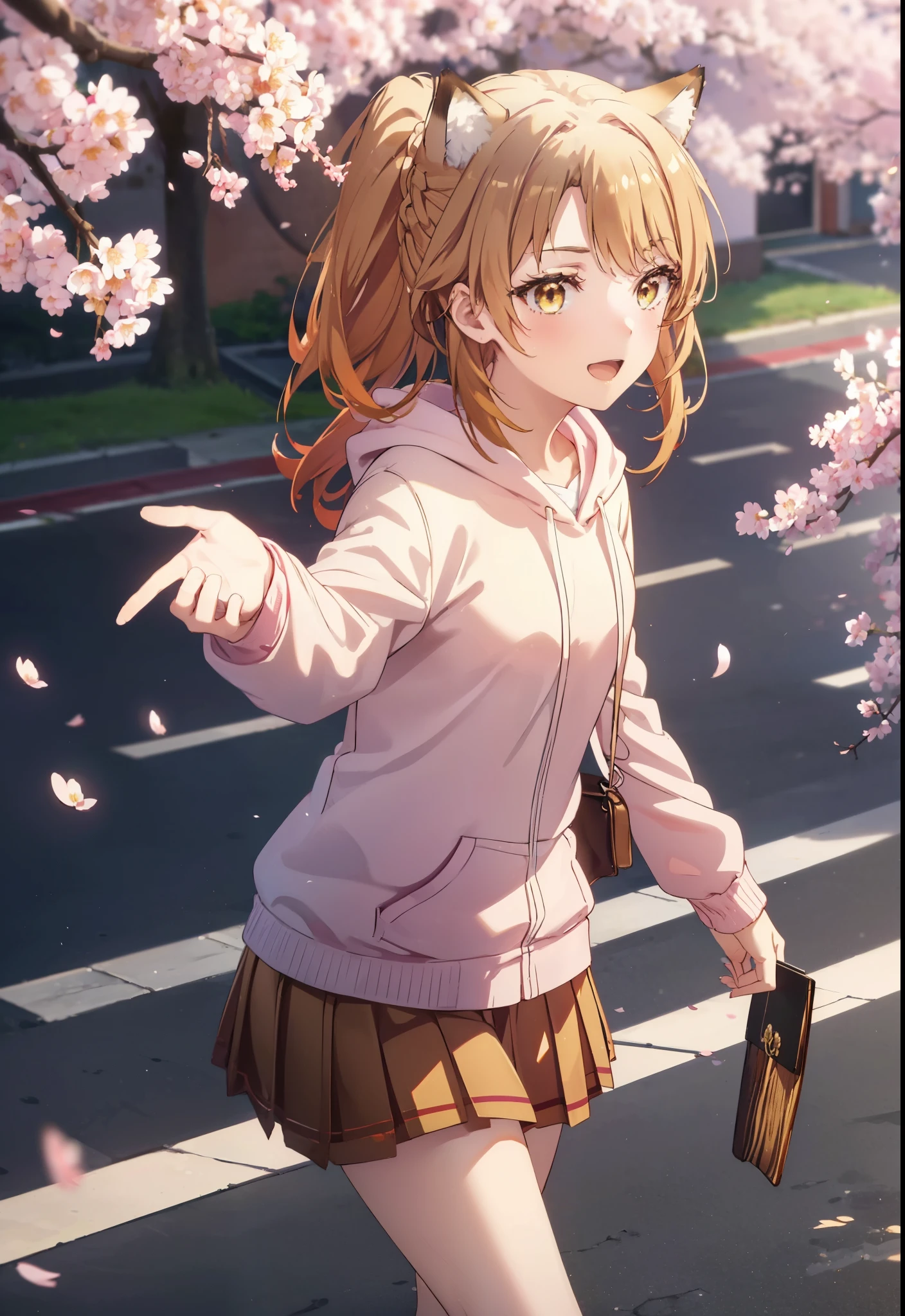 irohaisshiki, iroha isshiki, long hair, brown hair, (brown eyes:1.5), happy smile, smile, open your mouth,short braided hair,ponytail,animal ears fox ears,animal tail Fox tail oversized pink hoodie,Yellow pleated skirt,white pantyhose,Mini Boots,walking,Cherry blossom tree-lined path,cherry blossoms are blooming,Cherry blossoms are scattered,昼
break outdoors, garden,
break looking at viewer, (cowboy shot:1. 5)
break (masterpiece:1.2), highest quality, High resolution, unity 8k wallpaper, (figure:0.8), (beautiful deしっぽed eyes:1.6), extremely deしっぽed face, perfect lighting, extremely deしっぽed CG, (perfect hands, perfect anatomy),