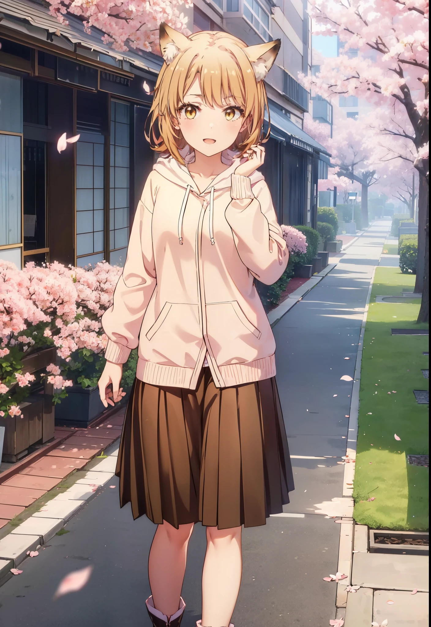 irohaisshiki, iroha isshiki, long hair, brown hair, (brown eyes:1.5), happy smile, smile, open your mouth,short braided hair,ponytail,animal ears fox ears,animal tail Fox tail oversized pink hoodie,Yellow pleated skirt,white pantyhose,Mini Boots,walking,Cherry blossom tree-lined path,cherry blossoms are blooming,Cherry blossoms are scattered,昼
break outdoors, garden,
break looking at viewer, (cowboy shot:1. 5)
break (masterpiece:1.2), highest quality, High resolution, unity 8k wallpaper, (figure:0.8), (beautiful deしっぽed eyes:1.6), extremely deしっぽed face, perfect lighting, extremely deしっぽed CG, (perfect hands, perfect anatomy),