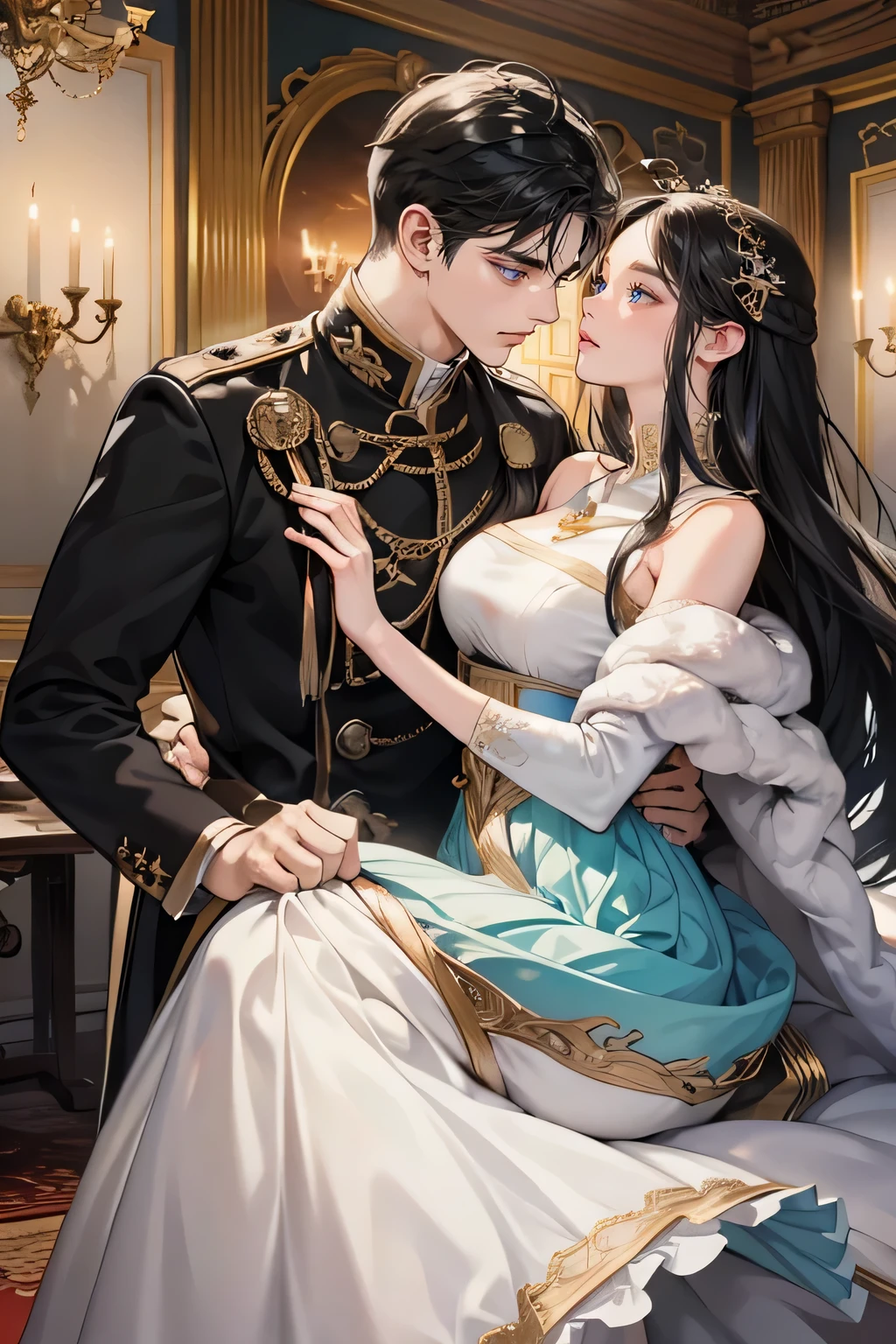 Masterpiece, best quality best, 8k, Highly detailed, Very detailed,of a handsome young man，Wear a luxurious black princely costume from the Middle Ages.，long black hair。His face was very striking.，The expression is focused and gentle.，Look at the woman next to you.。The girl wore a beautiful red dress，Elegantly curled hairstyle，It revealed a slender collarbone and delicate ears.。Her lips opened slightly.，Feel a man&#39;s kiss。Their bodies were clinging together.，Tap lightly with both hands.。All bedrooms are bathed in warm light.，The curtains sway gently.，nighttime，starry sky，petals，Looking from the front to the side，The man bowed his head.，kiss the girl gently，Their bodies trembled slightly.，Feel each other&#39;s breathing and heartbeat.。The whole picture is full of romance and affection.，Let people feel the charm and power of love. Beautiful breasts., handsome prince beautiful