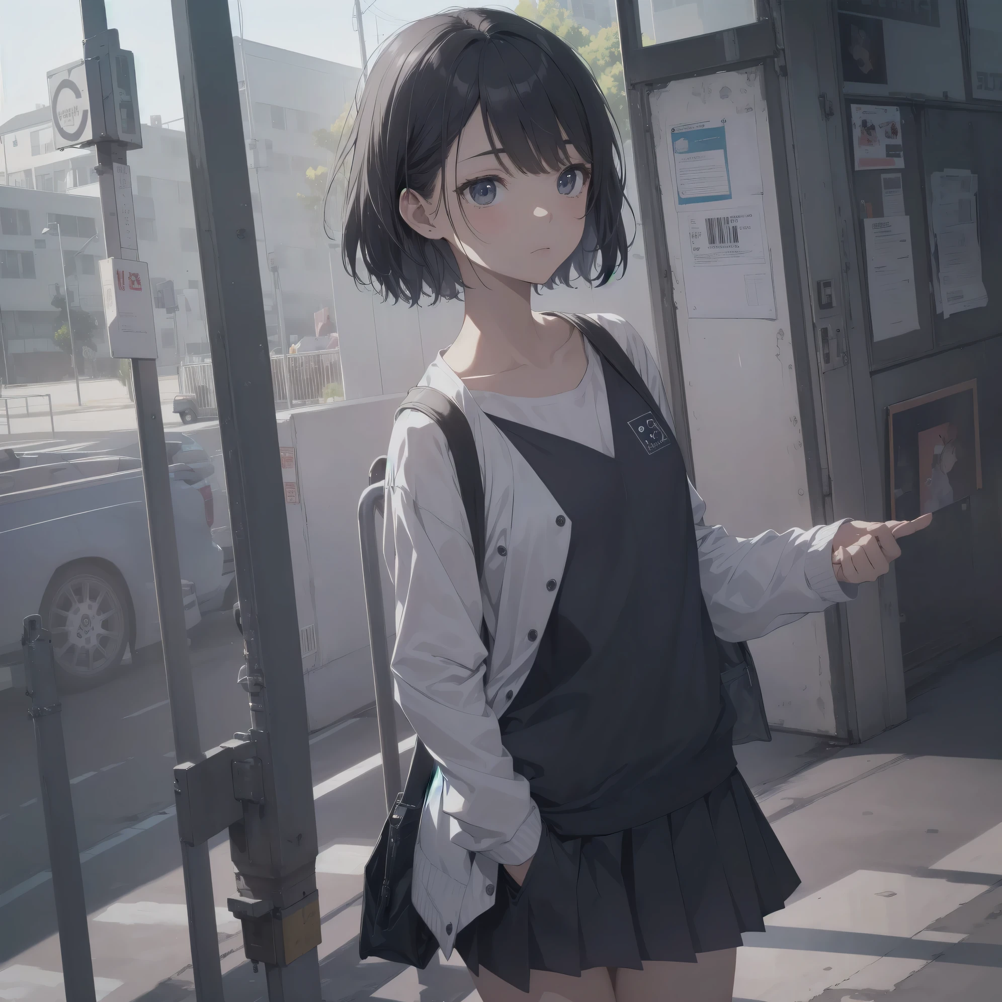 ultra-absurdres-Top quality by art God, ultra-detailed, high resolution, anime moe artstyle, best anime 8k konachan wallpaper, pixiv contest winner, perfect anatomy,break, 1girl, (Please draw a girl walking sleepily to school alone. )break,(Solo,little female, 13-year-old:1.3),Full limbs, complete fingers,a junior high school student, Attractiveness of immature bodies, (very short hair), short cut, flat chest, , small butt, groin, small black eyes, beautiful detailed eyes, well-proportioned iris and pupils, expressive eyes, highres detailed hair, soft expression, school_uniform, pleated skirt,(Detailed Lighting), (Detailed background), in the School commute route. break,super detailed skin, Best cinematic lighting powered by famous artist, 8k,beauty illustration,photoshop_(medium),very aesthetic,UHD,textured skin,break,((artist:core)), artist:fukahire (ruinon),artist:shinkai makoto,artist:sekiya asami,artist:kantoku,