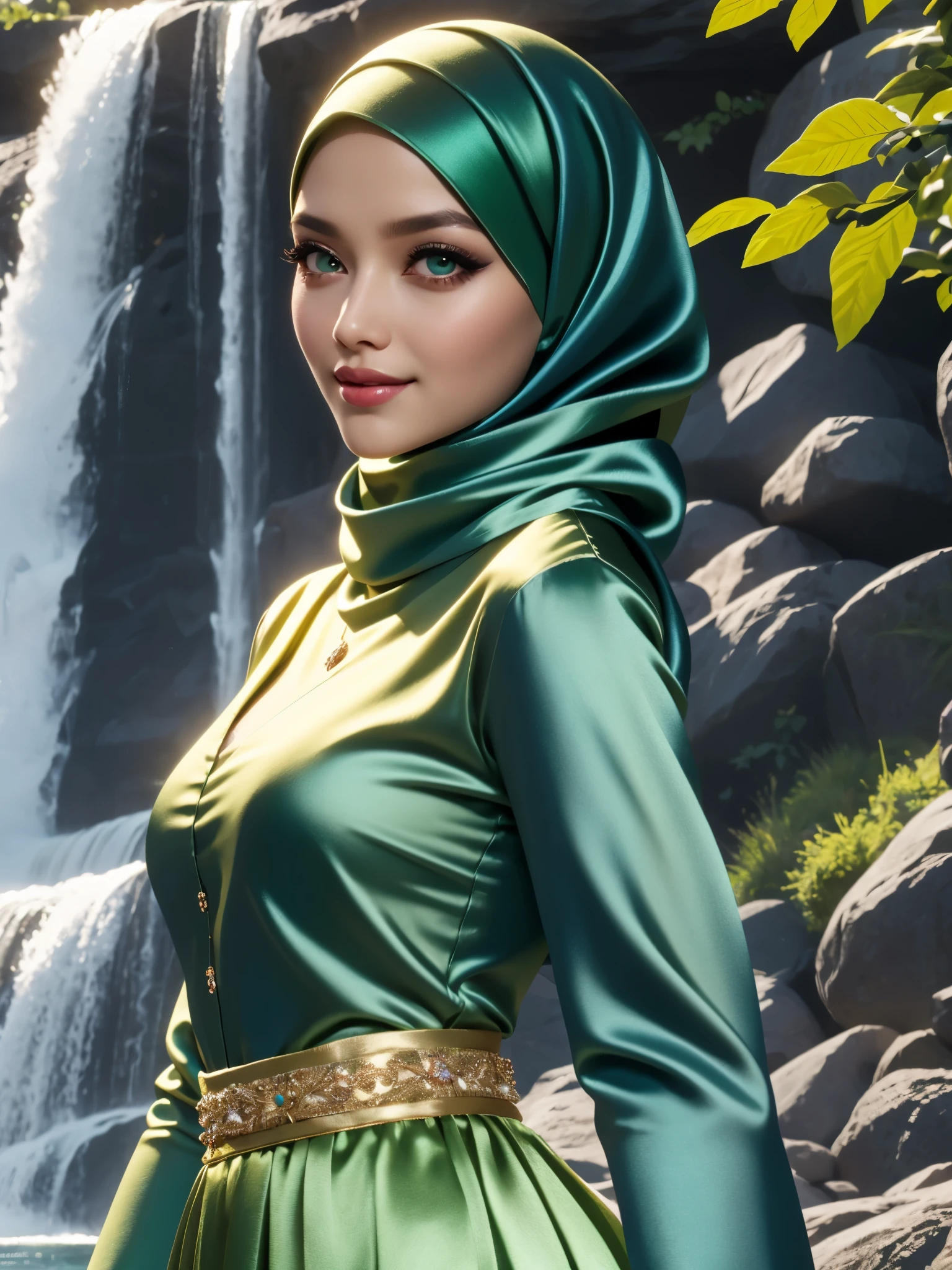 3dmm style, (Masterpiece), realistic, best quality, best lighting, extremely detailed artgerm, style artgerm, beautiful mature woman, 1 girl photo solo, beautifully makeup, eyeshadow,green eyes Parted Lips, Detailed Eyes, ((beautiful big eyes)), long eye lashes, dimples on the cheeks, smile, wearing silk turban hijab, ((Dark green satin hijab)), loosely tide hijab style, shining silk, satin, blue satin, ((Blue satin long sleeve shirt and satin long skirt)), (Close-up portrait), Front view, Standing Symmetric Centre, facing the viewer, waterfall nature background.