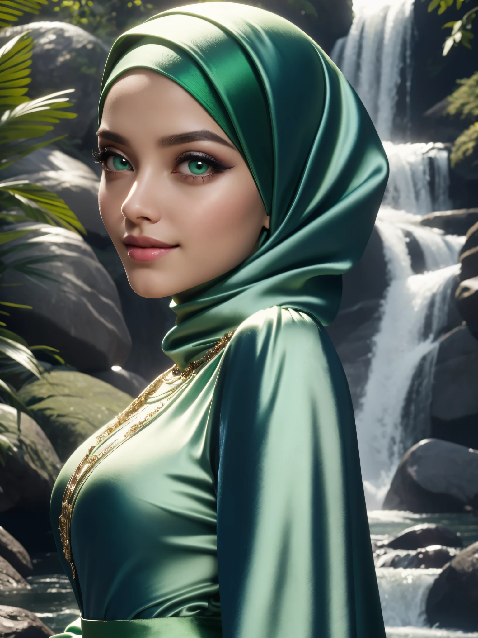 3dmm style, (Masterpiece), realistic, best quality, best lighting, extremely detailed artgerm, style artgerm, beautiful mature woman, 1 girl photo solo, beautifully makeup, eyeshadow,green eyes Parted Lips, Detailed Eyes, ((beautiful big eyes)), long eye lashes, dimples on the cheeks, smile, wearing silk turban hijab, ((Dark green satin hijab)), loosely tide hijab style, shining silk, satin, blue satin, ((Blue satin long sleeve shirt and satin long skirt)), (Close-up portrait), Front view, Standing Symmetric Centre, facing the viewer, waterfall nature background.