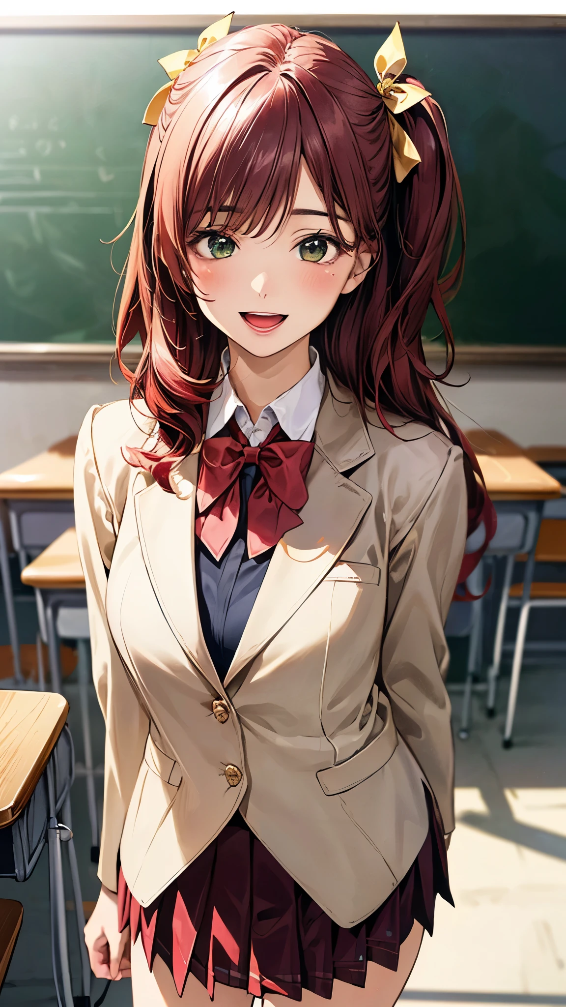 (masterpiece:1.3, top-quality, ultra high res, ultra detailed), (realistic, photorealistic:1.4), beautiful illustration, perfect lighting, natural lighting, colorful, depth of fields,
looking at viewer, cowboy shot, front view, 1 girl, japanese, high school girl, perfect face, cute and symmetrical face, shiny skin,
(long hair:1.2, ((two side up:1.2)), fuchsia-hair), emerald green eyes, (large breasts:0.8, seductive thighs), slender,
beautiful hair, beautiful face, beautiful detailed eyes, beautiful clavicle, beautiful body, beautiful chest, beautiful thigh, beautiful legs, beautiful fingers,
((red pleated skirt with gold line, white blouse shirt, (beige blazer with purple line, close blazer), red bow tie), red hair ribbon),
(beautiful scenery), evening, (school class room, blackboard, lecture desk, altar), standing, (lovely smile, upper eyes, open mouth),