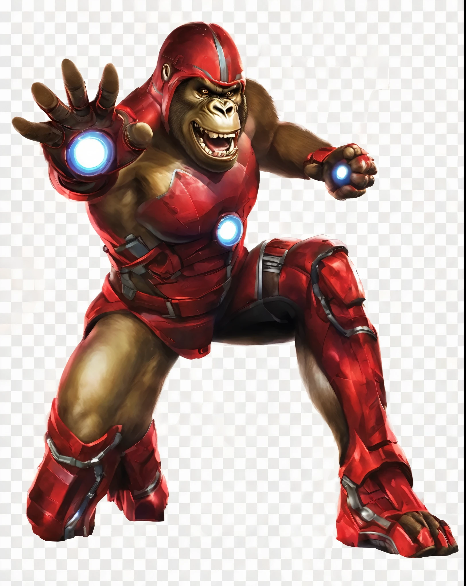 (best quality, 8k resolution:1.2), insanely detailed,Detailed portrait of illustration,angry gorilla,colored,high contrast,cinematic lighting,clean-shaven,high level of detail,colored,high-tech helmet,sharp focus,muscular build,iron material,ferocious expression,intense eyes,wiry body,ripped muscles,striking pose,gritty style,vibrant colors,subtle gradient,heavy shadows,dynamic lighting,industrial background,contrasting colors,powerful stance,vivid red glow,metallic texture,emphasized facial features,dramatic atmosphere,energetic composition,