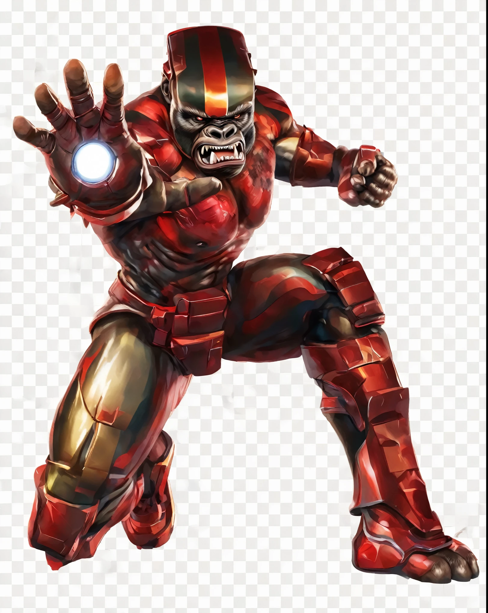 (best quality, 8k resolution:1.2), insanely detailed,Detailed portrait of illustration,angry gorilla,colored,high contrast,cinematic lighting,clean-shaven,high level of detail,colored,high-tech helmet,sharp focus,muscular build,iron material,ferocious expression,intense eyes,wiry body,ripped muscles,striking pose,gritty style,vibrant colors,subtle gradient,heavy shadows,dynamic lighting,industrial background,contrasting colors,powerful stance,vivid red glow,metallic texture,emphasized facial features,dramatic atmosphere,energetic composition,