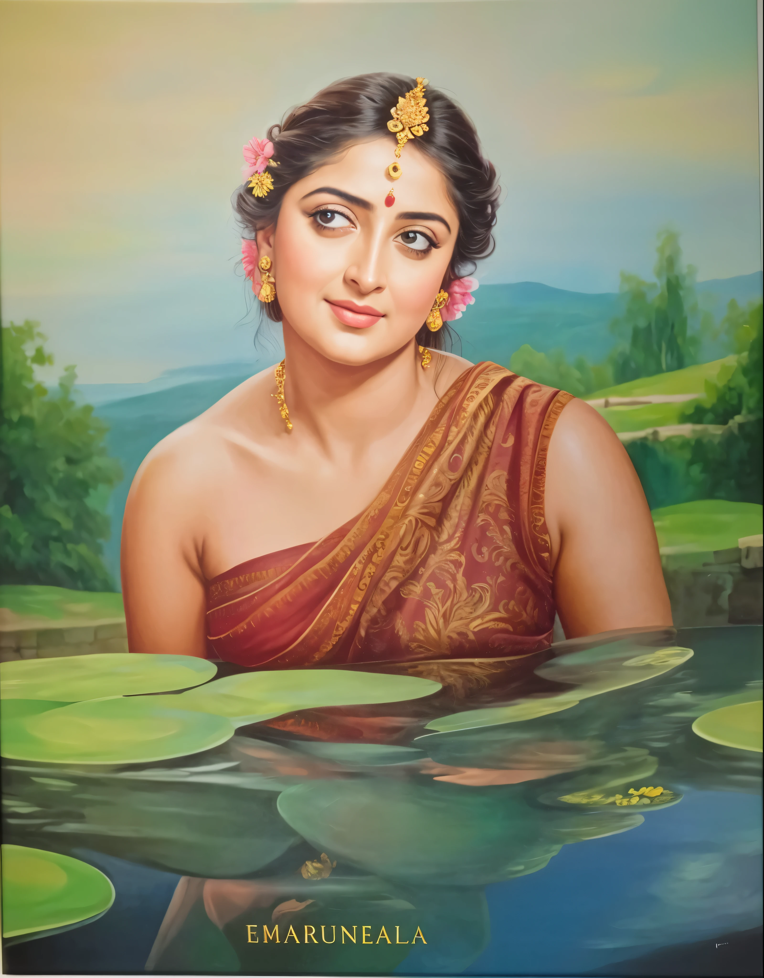Looks like Anushka Shetty, Masterpiece, Best quality, high clarity eyes, critically flawless,sharp picture, Full portrait, High pixels, perfect face, perfect eyes, beautiful face, perfect hands,perfect fingers, in Peter Paul Rubens style, by Peter Paul Rubens, baroque style, acrylic on canvas, highly detailed, description: "Create a nymph inspired by the tales of Greek or Roman mythology, embodying the essence of a natural element or location, and possessing a unique ability or trait that sets her apart.", strapless Bra of ancient times, strapless bralette, armpits showing,