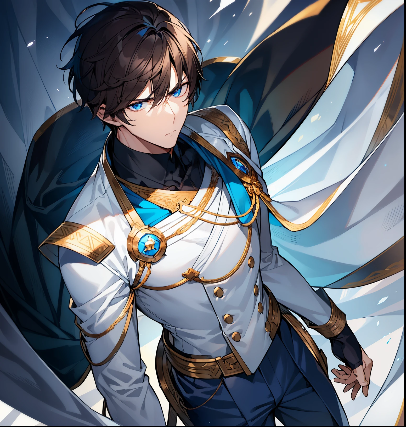 1 man, young man, dark brown hair, short hair, dark blue eyes, white skin, serious look, slender body, muscular body. Elegant blue suit, armor parts, white clothes, golden metal gloves