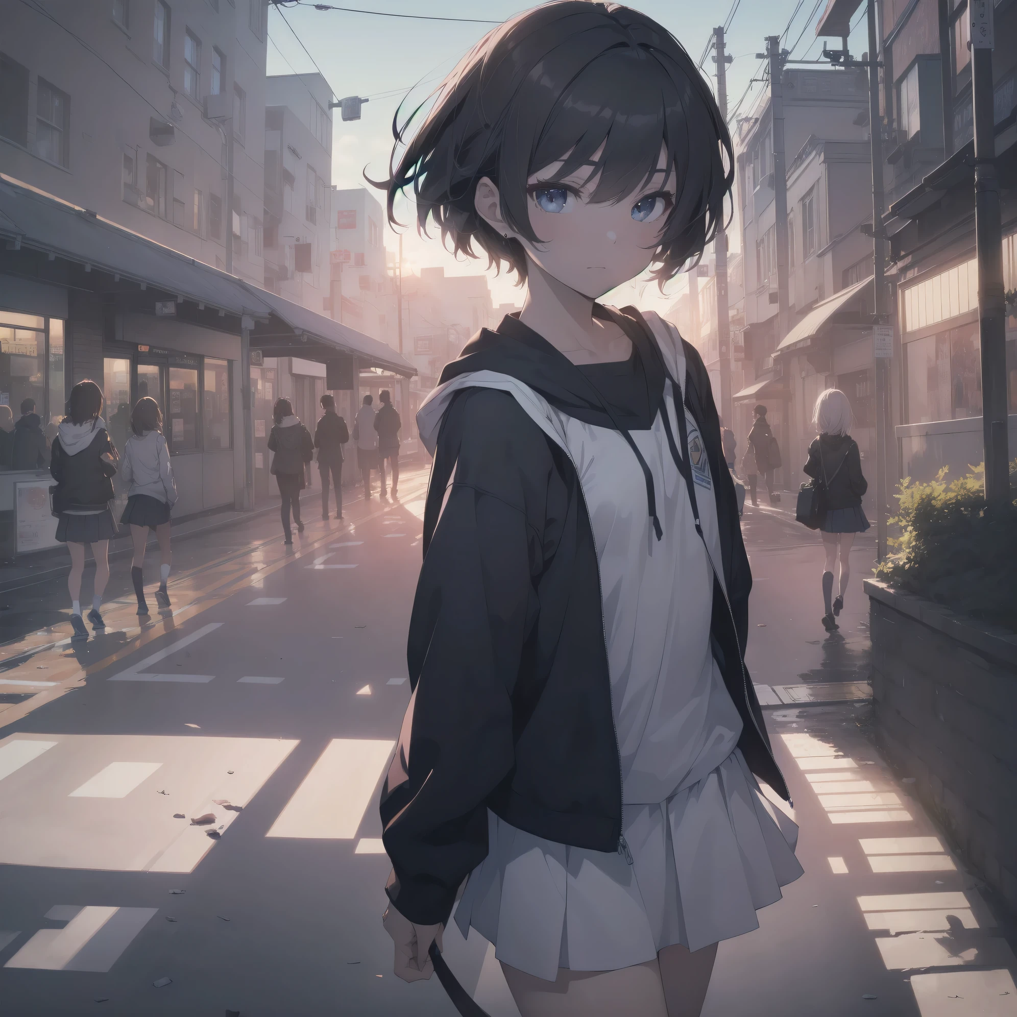 ultra-absurdres-Top quality by art God, ultra-detailed, high resolution, anime moe artstyle, best anime 8k konachan wallpaper, pixiv contest winner, perfect anatomy,break, 1girl, (Please draw a girl walking sleepily to school alone. )break,(Solo,little female, 13-year-old:1.3),Full limbs, complete fingers,a junior high school student, Attractiveness of immature bodies, (very short hair), short cut, flat chest, , small butt, groin, small black eyes, beautiful detailed eyes, well-proportioned iris and pupils, expressive eyes, highres detailed hair, soft expression, school_uniform, pleated skirt,(Detailed Lighting), (Detailed background), in the School commute route. break,super detailed skin, Best cinematic lighting powered by famous artist, 8k,beauty illustration,photoshop_(medium),very aesthetic,UHD,textured skin,break,((artist:core)), artist:fukahire (ruinon),artist:shinkai makoto,artist:sekiya asami,artist:kantoku,