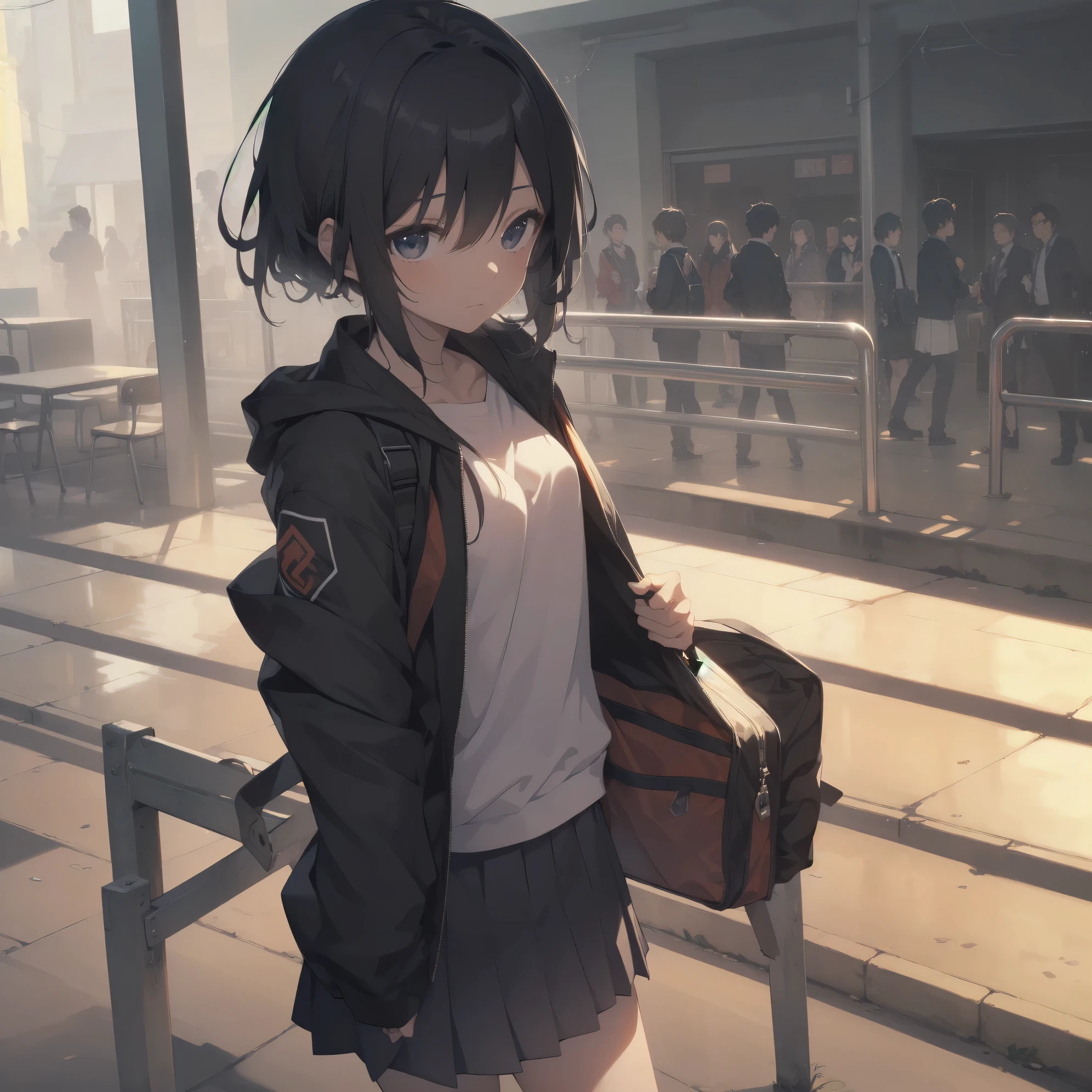 ultra-absurdres-Top quality by art God, ultra-detailed, high resolution, anime moe artstyle, best anime 8k konachan wallpaper, pixiv contest winner, perfect anatomy,break, 1girl, (Please draw a girl walking sleepily to school alone. )break,(Solo,little female, 13-year-old:1.3),Full limbs, complete fingers,a junior high school student, Attractiveness of immature bodies, (very short hair), short cut, flat chest, , small butt, groin, small black eyes, beautiful detailed eyes, well-proportioned iris and pupils, expressive eyes, highres detailed hair, soft expression, school_uniform, pleated skirt,(Detailed Lighting), (Detailed background), in the School commute route. break,super detailed skin, Best cinematic lighting powered by famous artist, 8k,beauty illustration,photoshop_(medium),very aesthetic,UHD,textured skin,break,((artist:core)), artist:fukahire (ruinon),artist:shinkai makoto,artist:sekiya asami,artist:kantoku,
