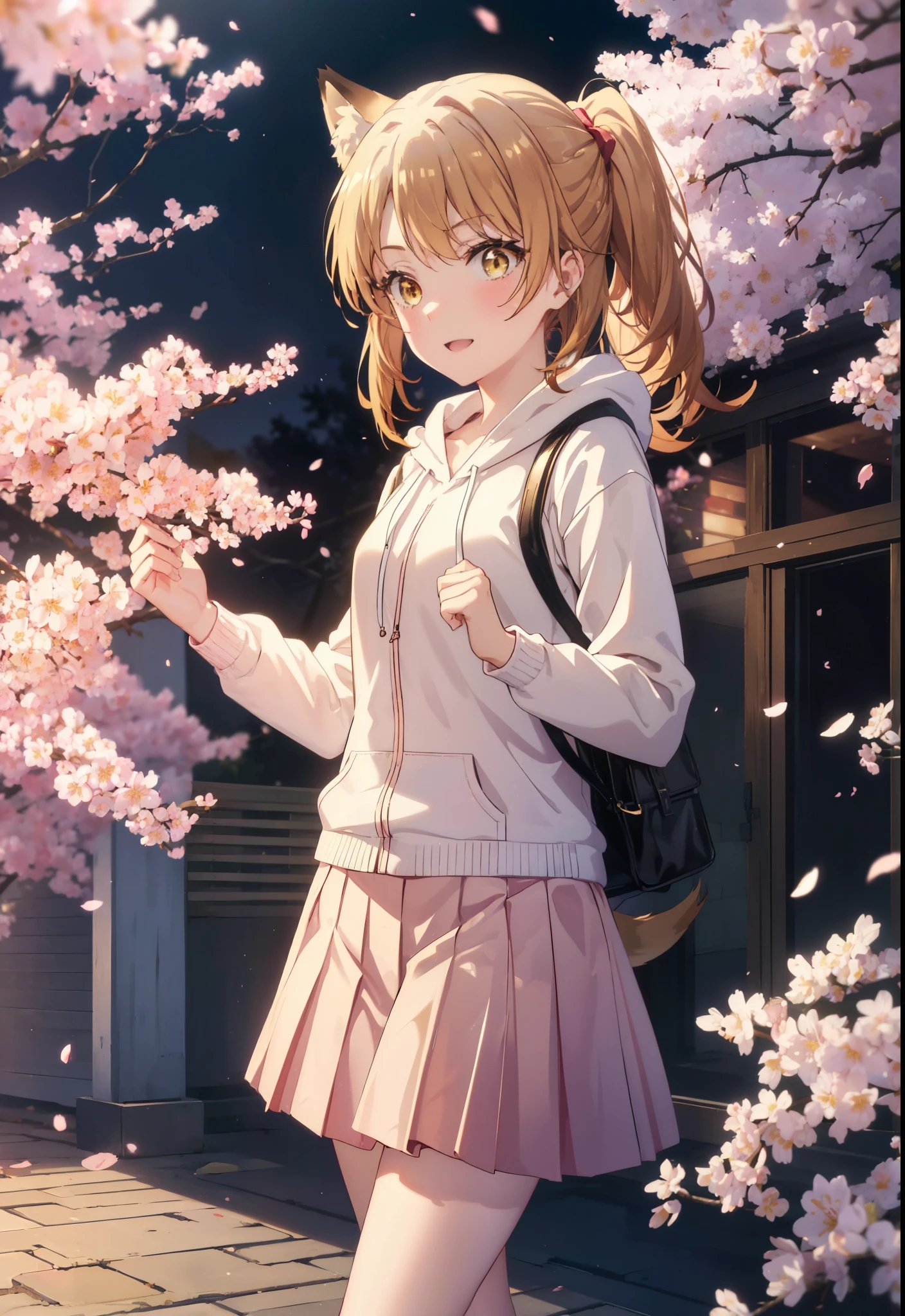 irohaisshiki, iroha isshiki, long hair, brown hair, (brown eyes:1.5), happy smile, smile, open your mouth,short braided hair,ponytail,animal ears　fox ears,animal tail　Fox tail oversized pink hoodie,yellow pleated long skirt,white pantyhose,Mini Boots,walking,Cherry blossom tree-lined path,cherry blossoms are blooming,Cherry blossoms are scattered,昼
break outdoors, garden,
break looking at viewer, (cowboy shot:1. 5)
break (masterpiece:1.2), highest quality, High resolution, unity 8k wallpaper, (figure:0.8), (beautiful deしっぽed eyes:1.6), extremely deしっぽed face, perfect lighting, extremely deしっぽed CG, (perfect hands, perfect anatomy),