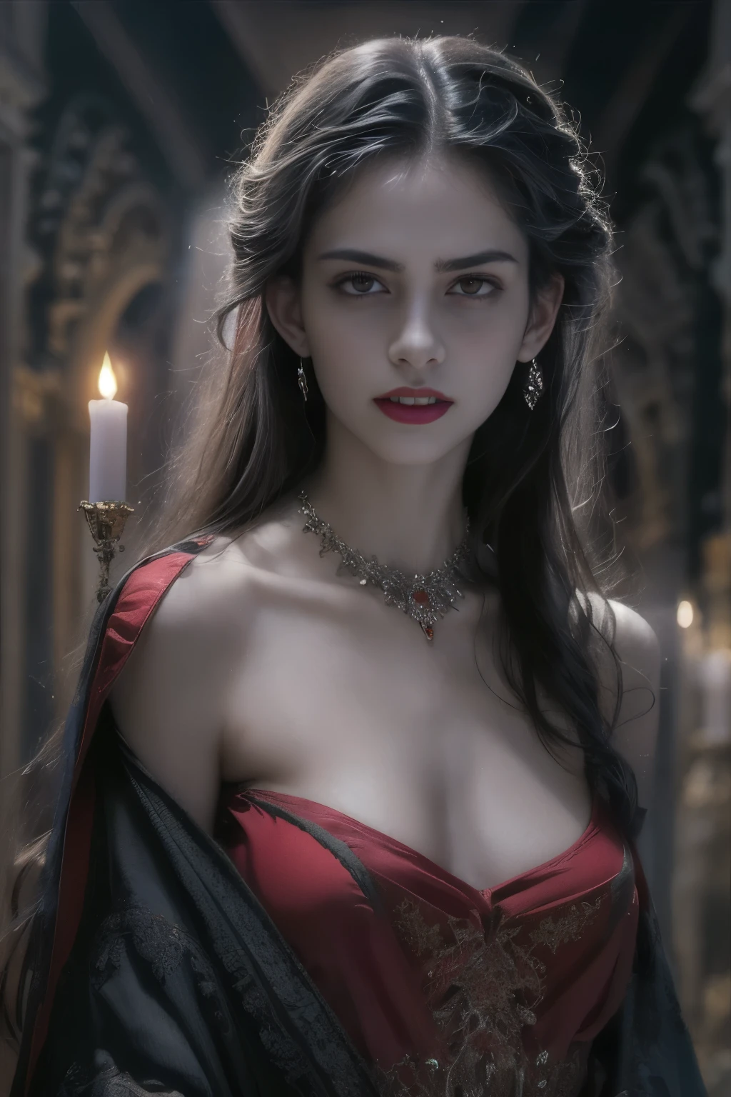 (beautiful detailed red eyes:1.4), long dark eyelashes, pointed fangs, flowing black hair, elegant posture, pale skin, red lips, traditional Arabic dress, mysterious aura, ((moonlit night:1.3)), shadows, delicate jewelry, ancient ruins, intense gaze, hypnotic smile, vampire powers, supernatural strength, centuries-old wisdom, captivating beauty, hauntingly enchanting, alluring darkness, (blood-red moonlight:1.1), eternal youth, seductive charm, hidden secrets. (best quality, ultra-detailed, photorealistic:1.37), gothic, fantasy, dark color palette, dramatic lighting. (NSFW:1.4) beautiful small breasts, (Emma watson:0.3),(Jennifer connelly:0.24), (beautiful nipples:1.5),(She has white skin with visible blue veins:1.4),(Small breasts with beautifully raised areolas:1.5),(flat chest:1.2) (beautiful teenage nipples:1.5)　　