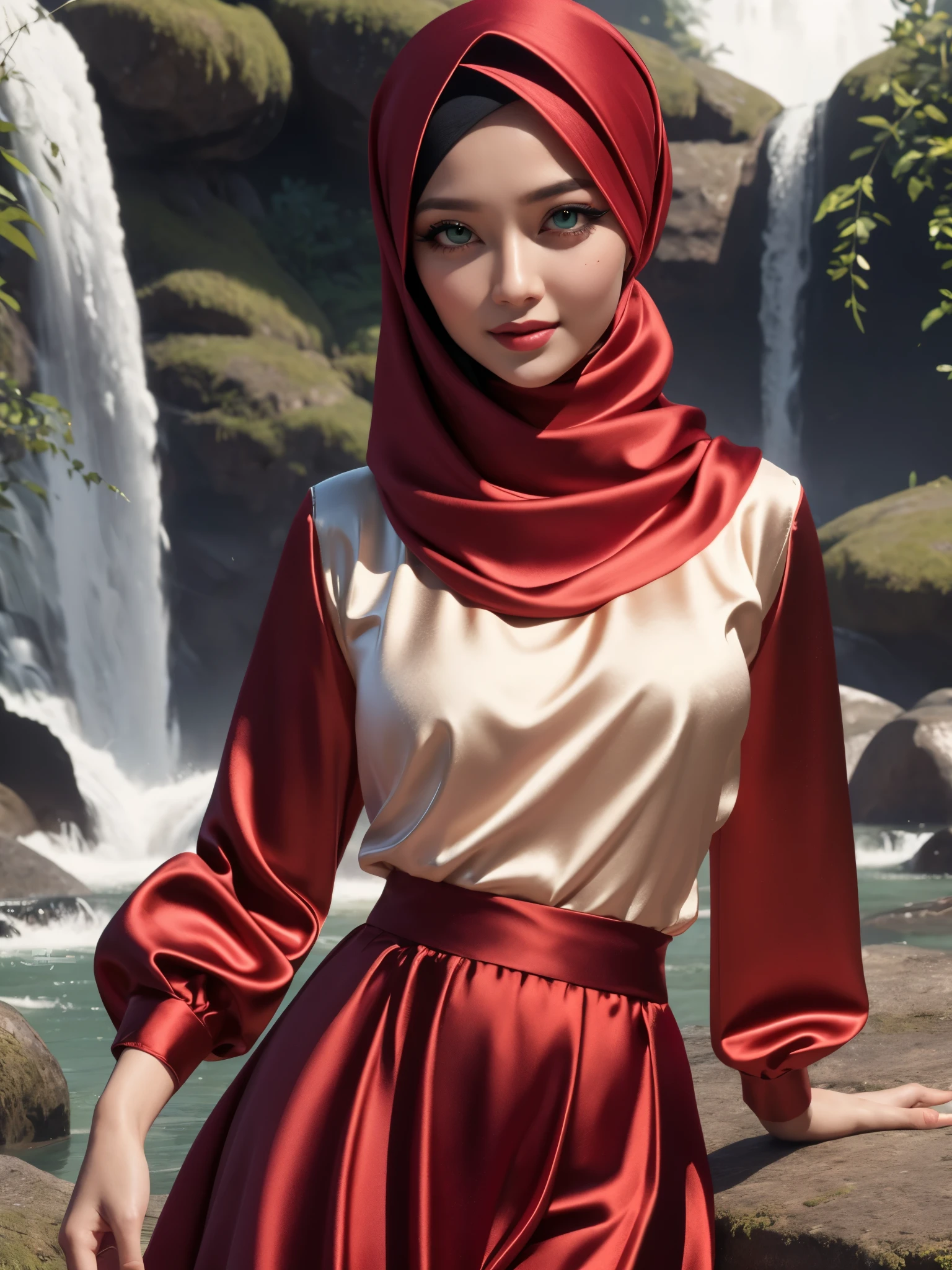 3dmm style, (Masterpiece), realistic, best quality, best lighting, extremely detailed artgerm, style artgerm, beautiful mature woman, 1 girl photo solo, beautifully makeup, eyeshadow,green eyes Parted Lips, Detailed Eyes, ((beautiful big eyes)), long eye lashes, dimples on the cheeks, smile, wearing silk turban hijab, ((Dark red satin hijab)), loosely tide hijab style, shining silk, satin, red satin, ((red satin long sleeve shirt and satin long skirt)), (Close-up portrait), Front view, Standing Symmetric Centre, facing the viewer, waterfall nature background.