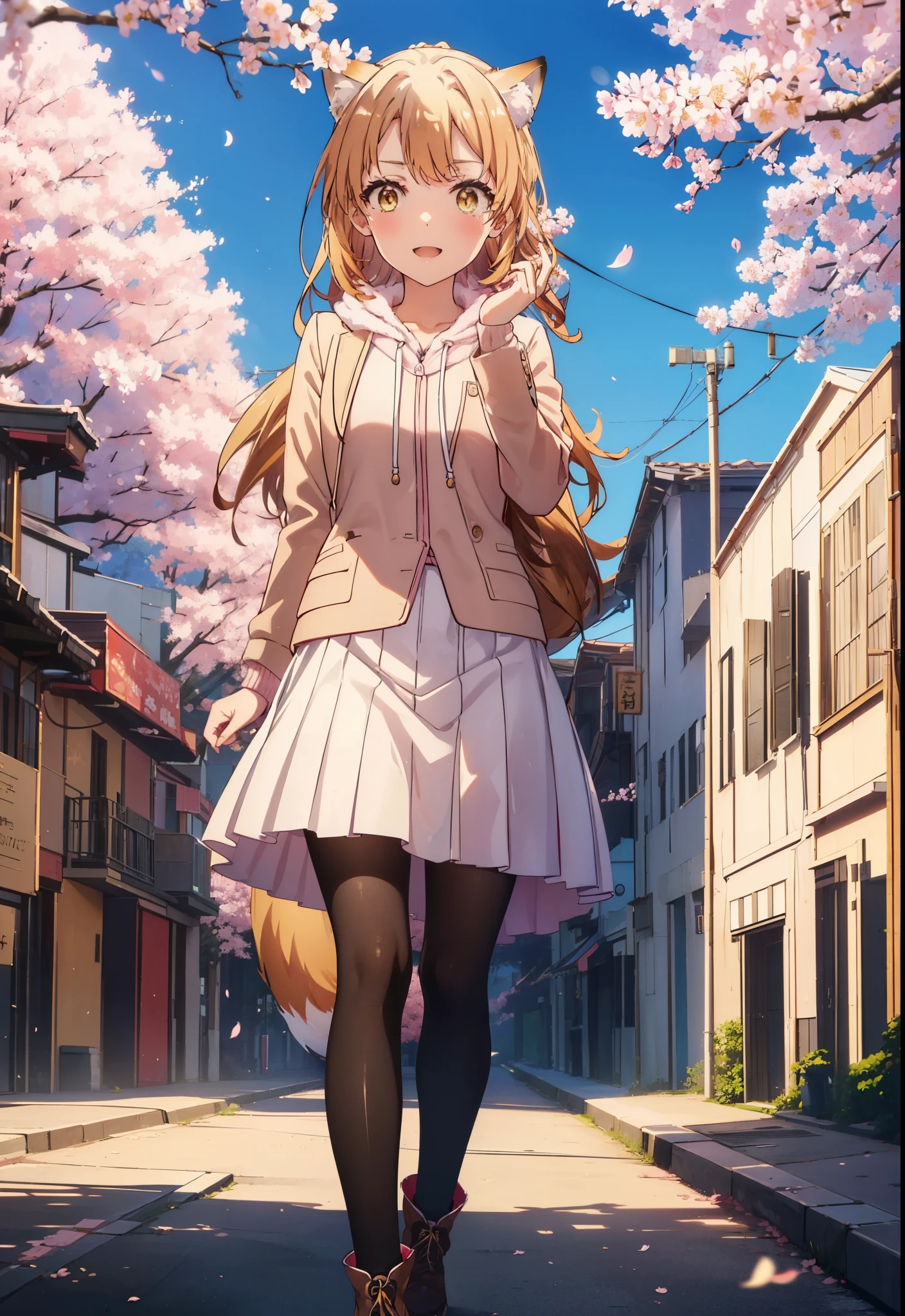 irohaisshiki, iroha isshiki, long hair, brown hair, (brown eyes:1.5), happy smile, smile, open your mouth,short braided hair,ponytail,animal ears fox ears,animal tail Fox tail oversized pink hoodie,yellow pleated long skirt,white pantyhose,Mini Boots,walking,Cherry blossom tree-lined path,cherry blossoms are blooming,Cherry blossoms are scattered,昼
break outdoors, garden,
break looking at viewer, (cowboy shot:1. 5)
break (masterpiece:1.2), highest quality, High resolution, unity 8k wallpaper, (figure:0.8), (beautiful deしっぽed eyes:1.6), extremely deしっぽed face, perfect lighting, extremely deしっぽed CG, (perfect hands, perfect anatomy),