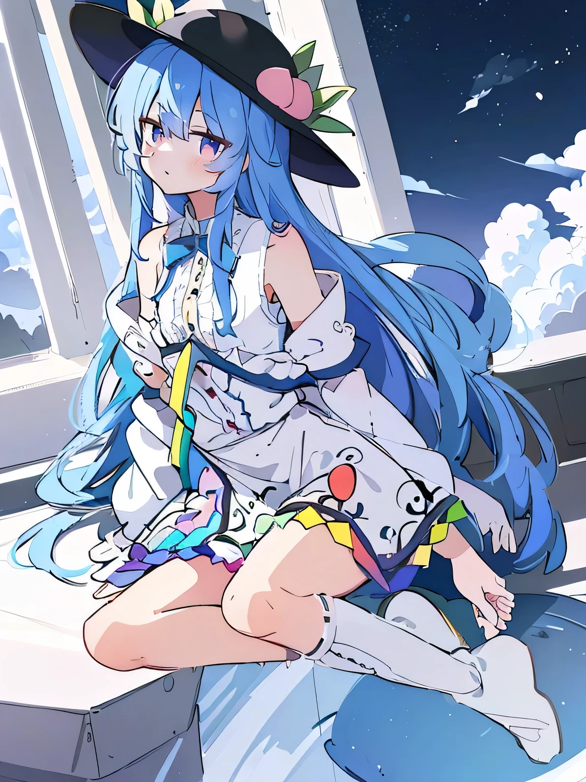 (masterpiece),best quality, expressive eyes, perfect face, 1girl,
 hands on waist,beautiful, gorgeous,anime,girl,lora,hinanawi tenshi, blue hair, blue haired, floating clothes,waist grab, grabbing waist, mains sur les hanches , hands on hips,flat chest