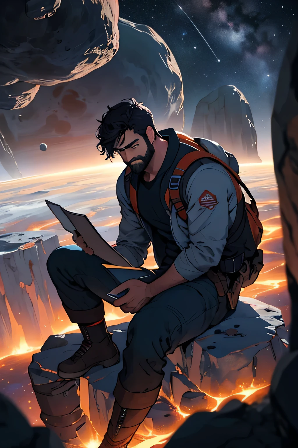 Draw a young programmer, Sitting on a research platform floating in the middle of the asteroid belt. He is studying with his notebook, Surrounded by several asteroids with fiery rings. Dramatic lights from distant stars and planets illuminate the scene, Casts a deep shadow on the suit. This young man looks confident and determined, Look at the vast and mysterious universe with wonder and respect,beard, Cowboy shooting,