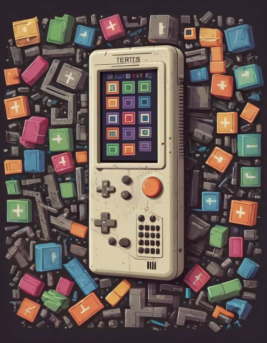 Old Tetris game handheld machine，Vignette background Alexei Pajitnov，nostalgia