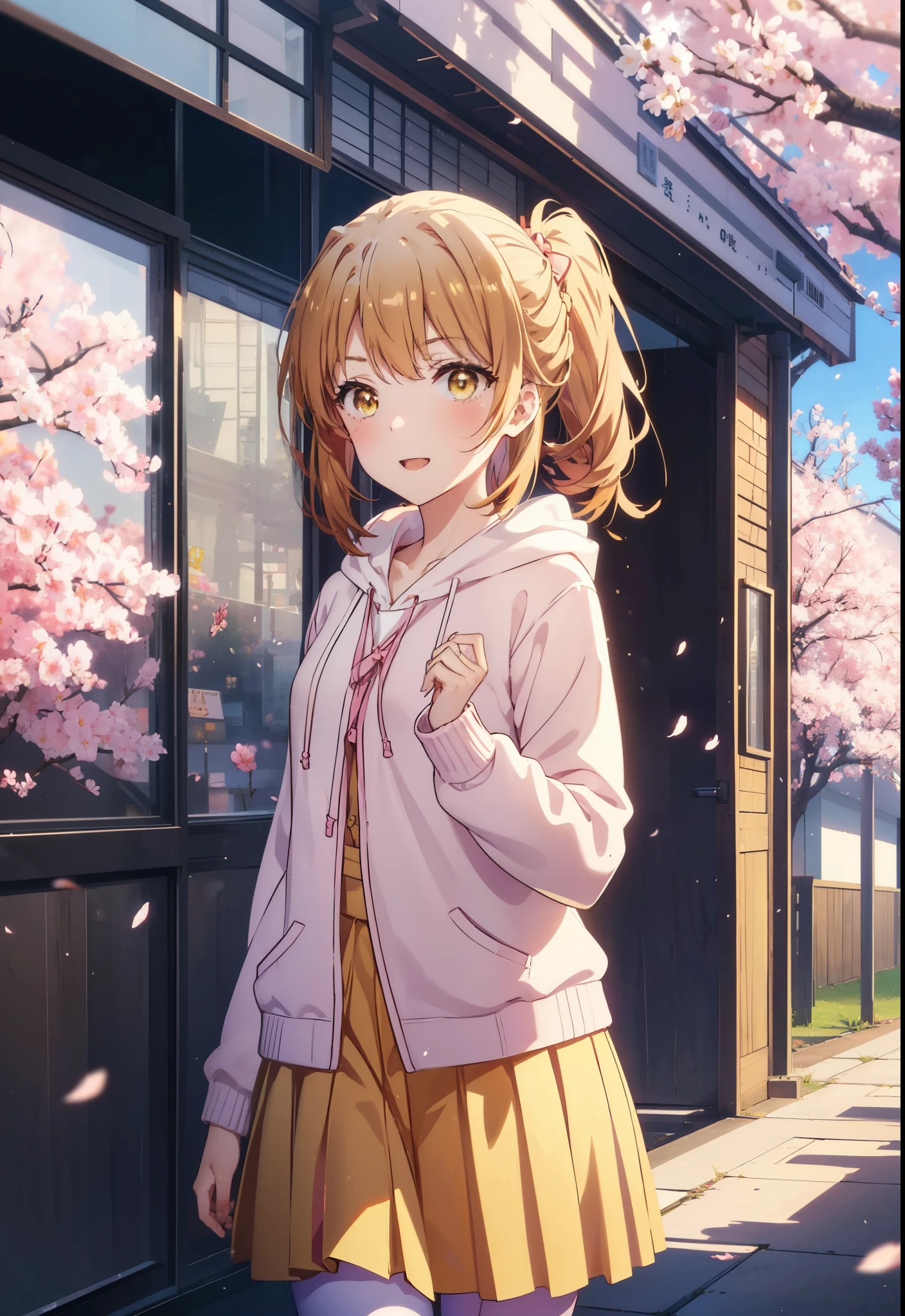irohaisshiki, iroha isshiki, long hair, brown hair, (brown eyes:1.5), happy smile, smile, open your mouth,short braided hair,ponytail,animal ears fox ears,animal tail Fox tail oversized pink hoodie,yellow pleated long skirt,white pantyhose,Mini Boots,walking,Cherry blossom tree-lined path,cherry blossoms are blooming,Cherry blossoms are scattered,昼
break outdoors, garden,
break looking at viewer, (cowboy shot:1. 5)
break (masterpiece:1.2), highest quality, High resolution, unity 8k wallpaper, (figure:0.8), (beautiful deしっぽed eyes:1.6), extremely deしっぽed face, perfect lighting, extremely deしっぽed CG, (perfect hands, perfect anatomy),