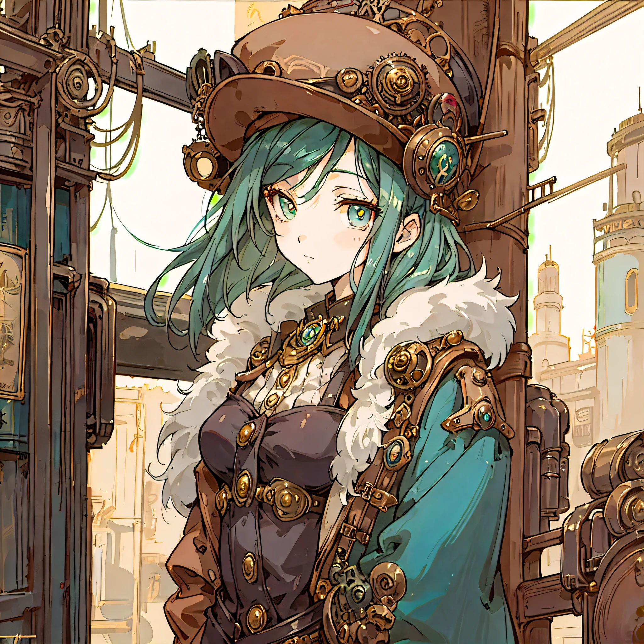 anime - style illustration of a woman in a hat and coat standing in front of a train station, fantasy art, steampunk beautiful anime woman, steampunk fantasy style, in steampunk cityscape, steampunk illustration, steampunk concept art, inspired victorian sci - fi, steampunk girl, steampunk world, portrait, 8k