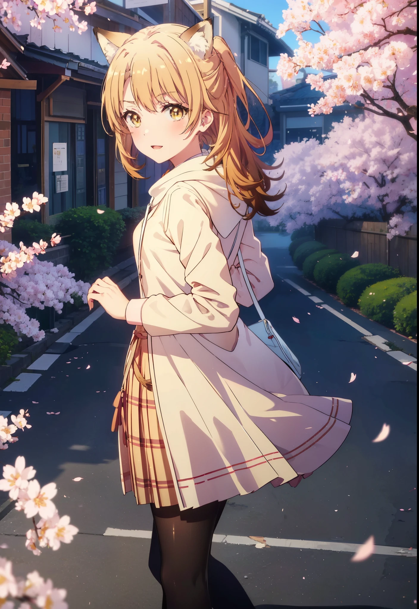 irohaisshiki, iroha isshiki, long hair, brown hair, (brown eyes:1.5), happy smile, smile, open your mouth,short braided hair,ponytail,animal ears fox ears,animal tail Fox tail oversized pink hoodie,yellow pleated long skirt,white pantyhose,Mini Boots,walking,Cherry blossom tree-lined path,cherry blossoms are blooming,Cherry blossoms are scattered,昼
break outdoors, garden,
break looking at viewer, (cowboy shot:1. 5)
break (masterpiece:1.2), highest quality, High resolution, unity 8k wallpaper, (figure:0.8), (beautiful deしっぽed eyes:1.6), extremely deしっぽed face, perfect lighting, extremely deしっぽed CG, (perfect hands, perfect anatomy),