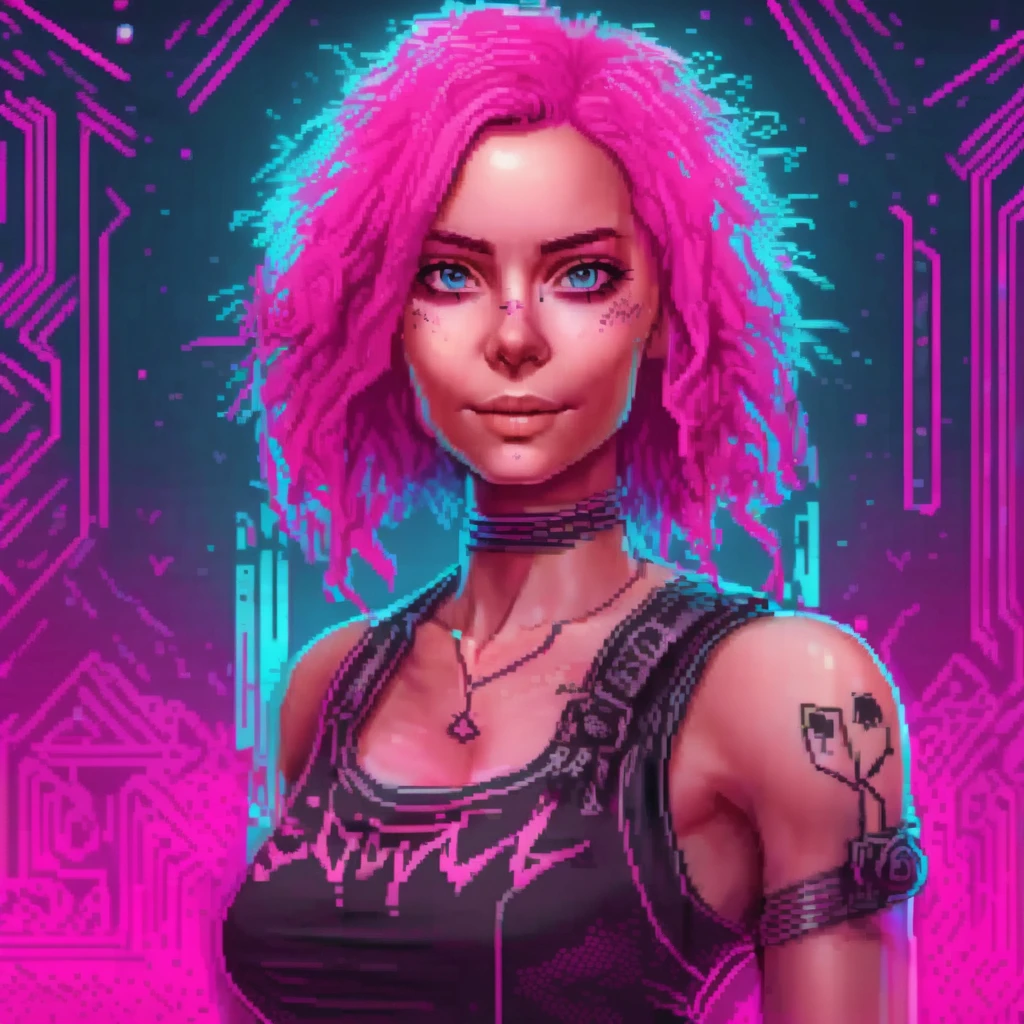 zxspectrum syle, retro game character concept art, smiling girl, pink hair, symmetrical eyes, rule of three, detailed body, full body, detailed face, ultradetailed digital illustration, 8 k, epic atmosphere, digital art by simon cowell and rachel walpole