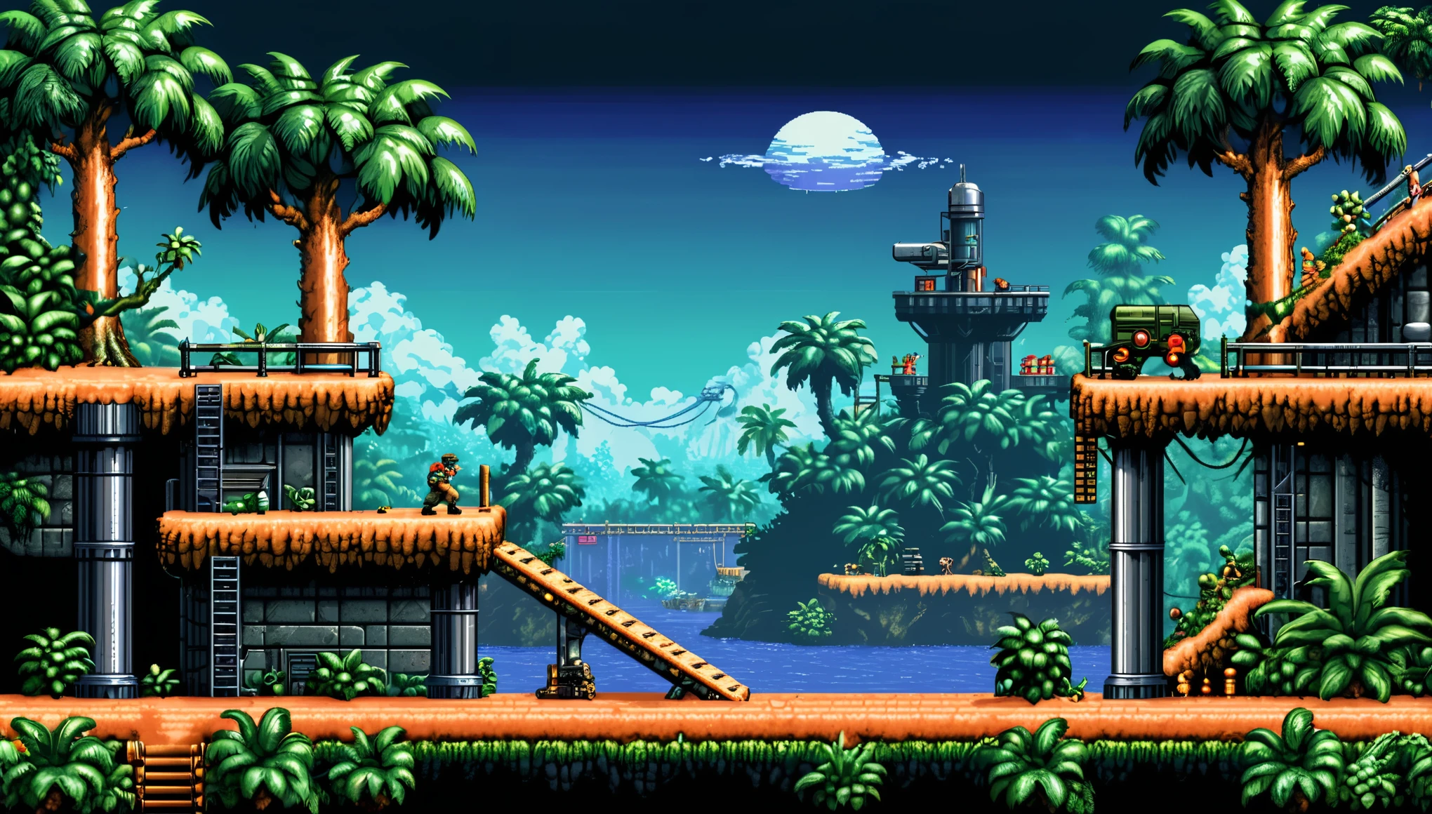 (best quality,4k,8k,highres,masterpiece:1.2),ultra-detailed,16-bit retro game scene,platformer, A game scene from the retro game Contra, 16 bit, 16 bit color palette, retro textures, original gameplay,