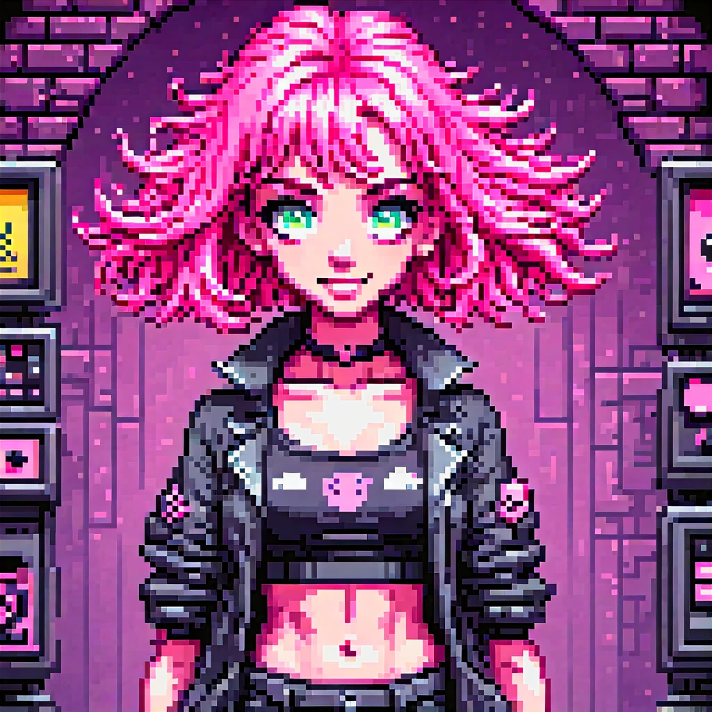 pixel art, 16 bit, yamer_pixel_fusion, retro game character concept art, smiling girl, pink hair, symmetrical eyes, rule of three, detailed body, full body, detailed face, ultradetailed digital illustration, 8 k, epic atmosphere, digital art by simon cowell and rachel walpole