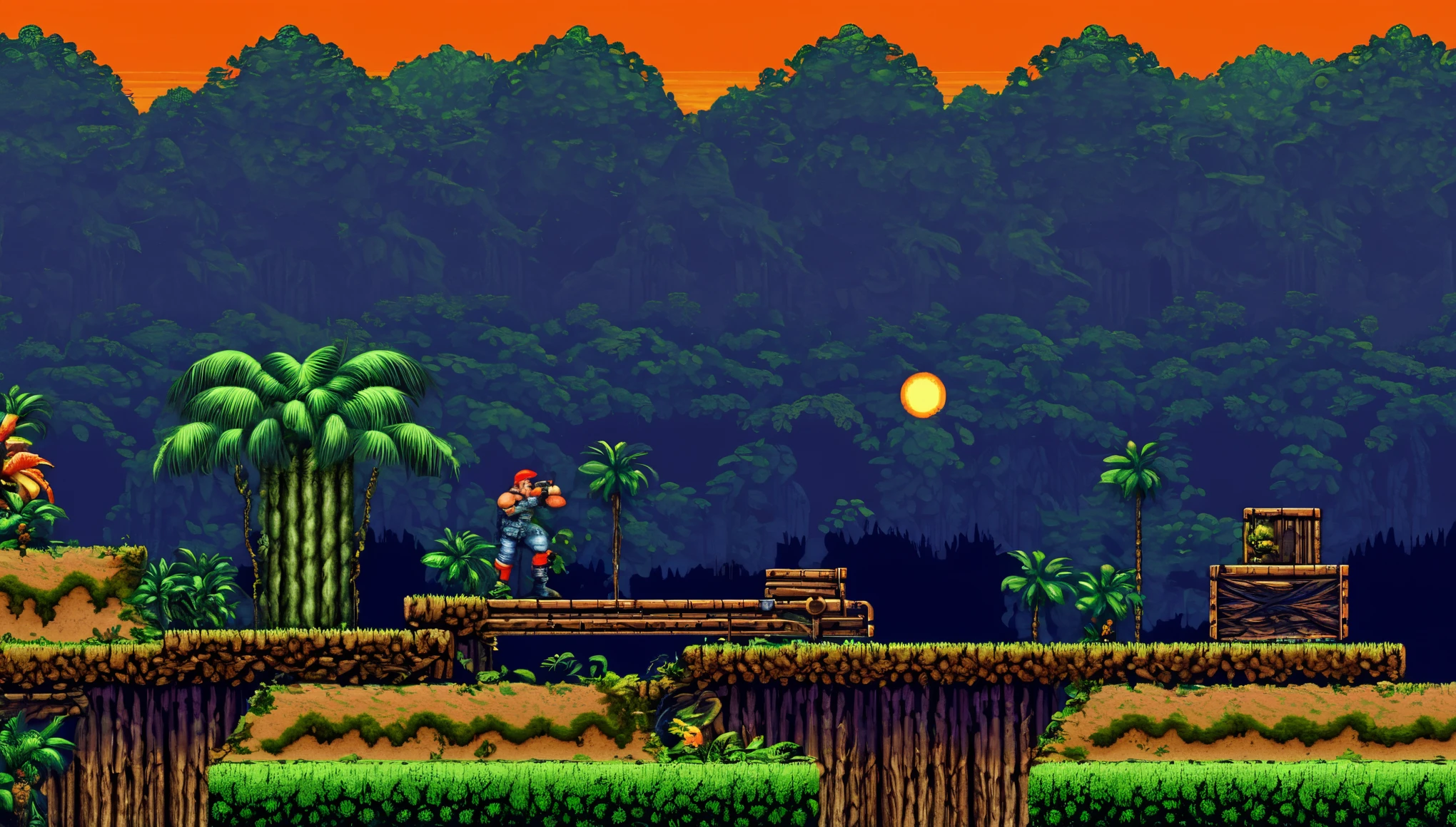 (best quality,4k,8k,highres,masterpiece:1.2),ultra-detailed,16-bit retro game scene,platformer, A game scene from the retro game Contra, 16 bit, 16 bit color palette, retro textures, original gameplay,